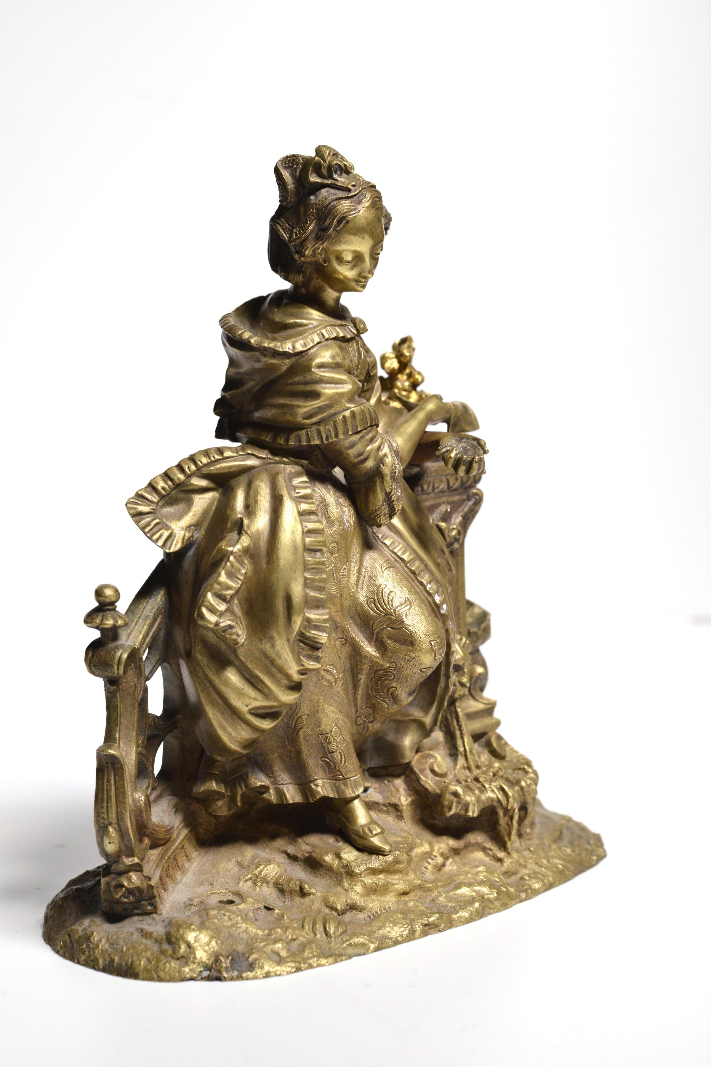 Rococo Gilt Bronze Figurine Young Lady with Love Letter at Fountain 19th century For Sale