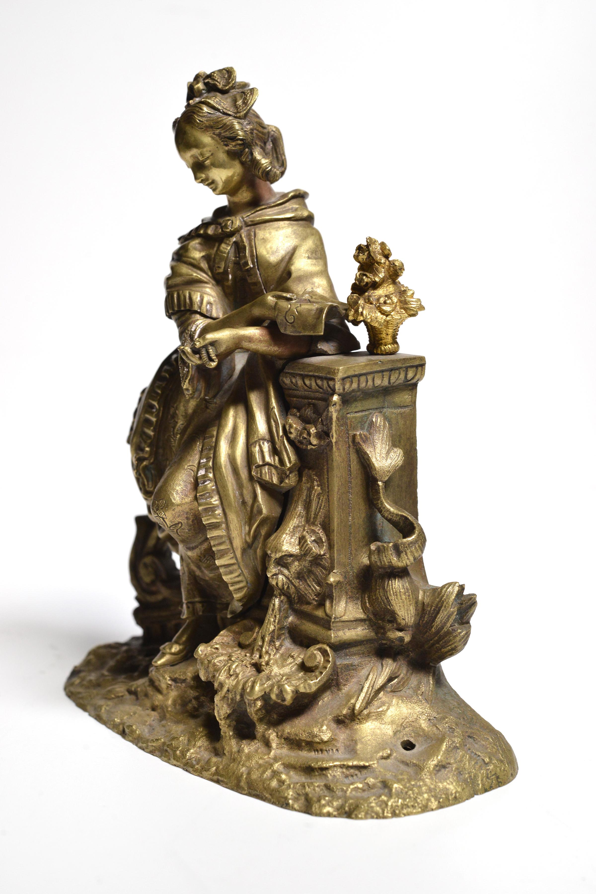 Hand-Carved Gilt Bronze Figurine Young Lady with Love Letter at Fountain 19th century For Sale