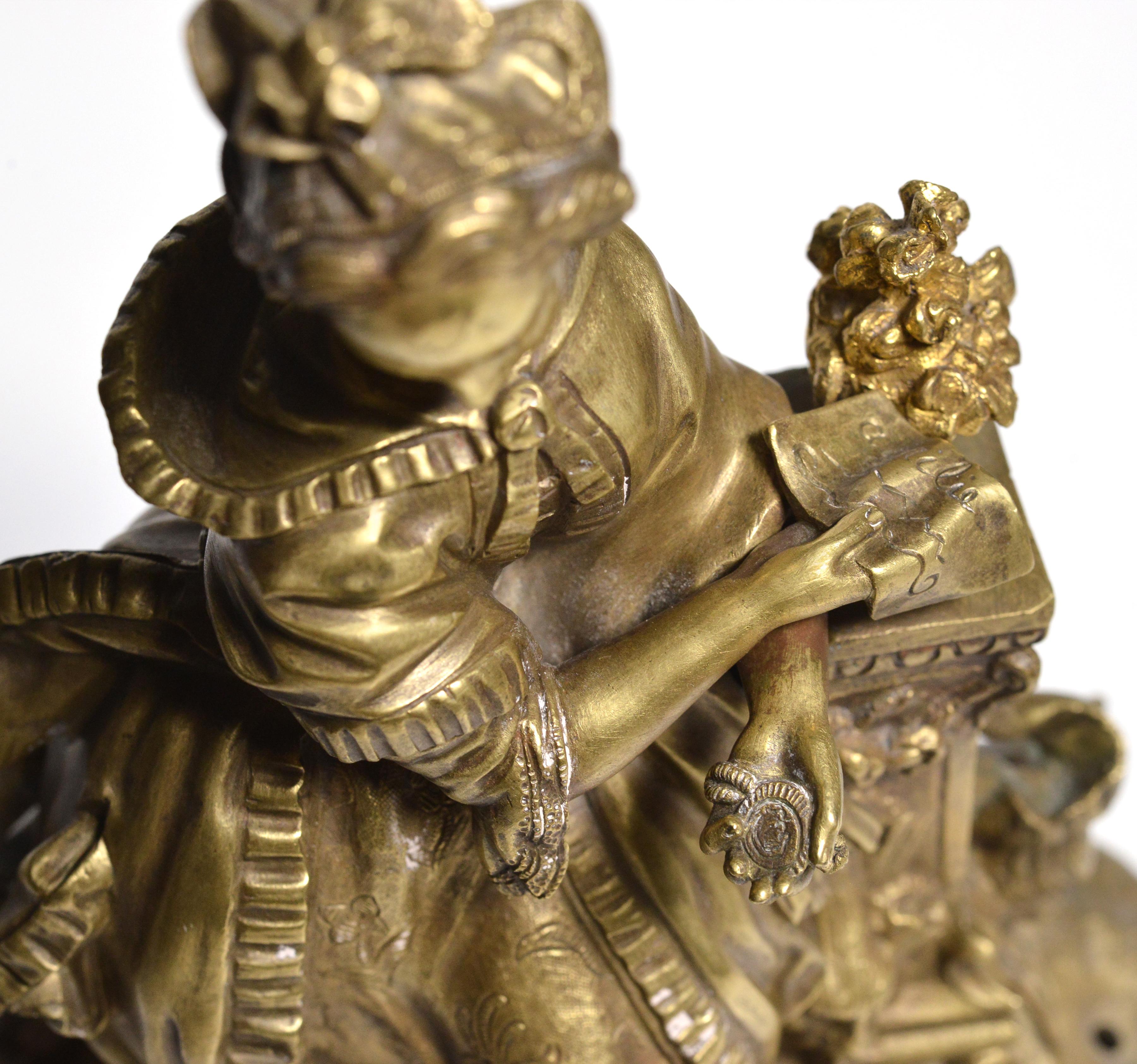 19th Century Gilt Bronze Figurine Young Lady with Love Letter at Fountain 19th century For Sale