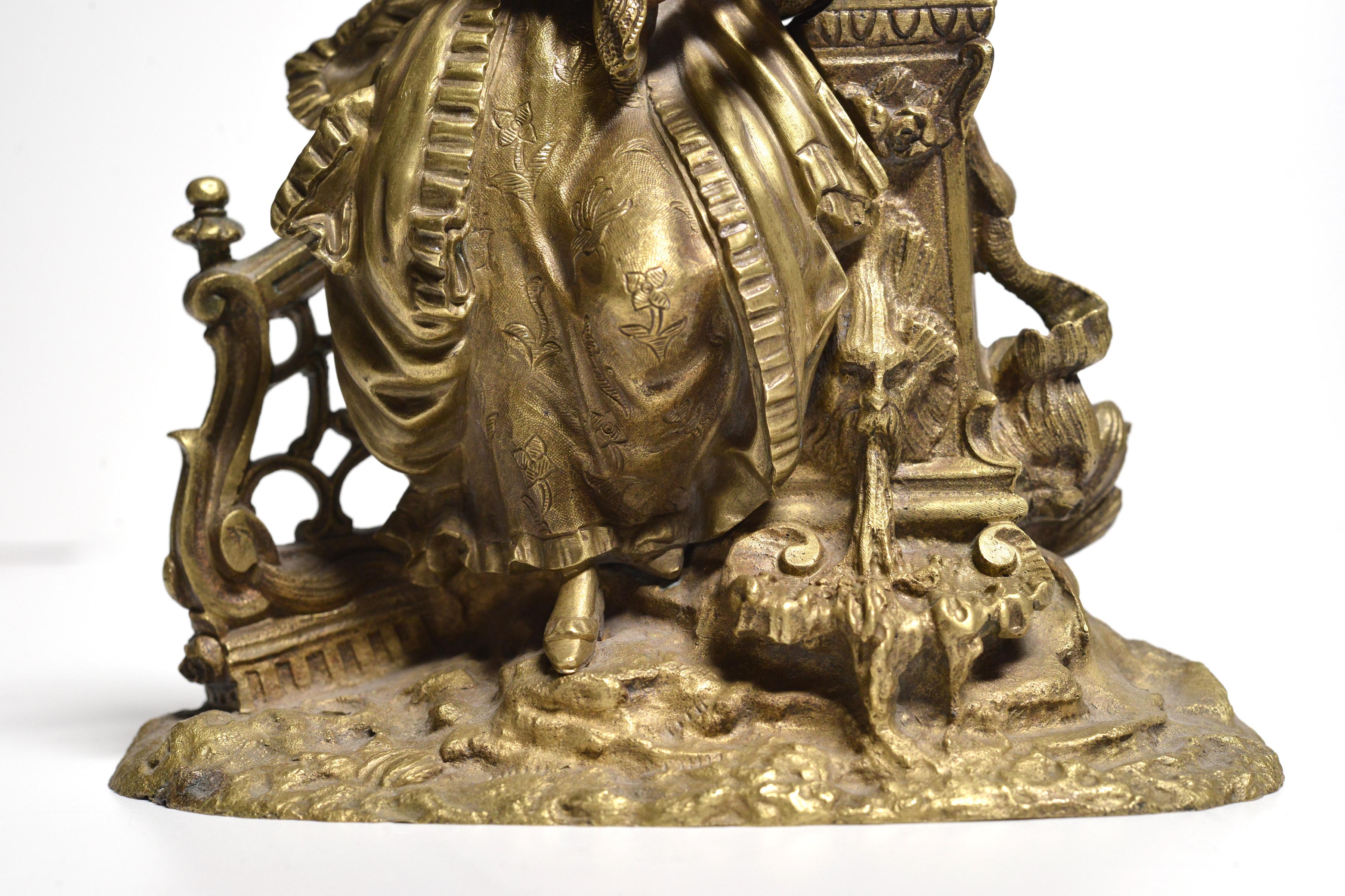 Gold Plate Gilt Bronze Figurine Young Lady with Love Letter at Fountain 19th century For Sale