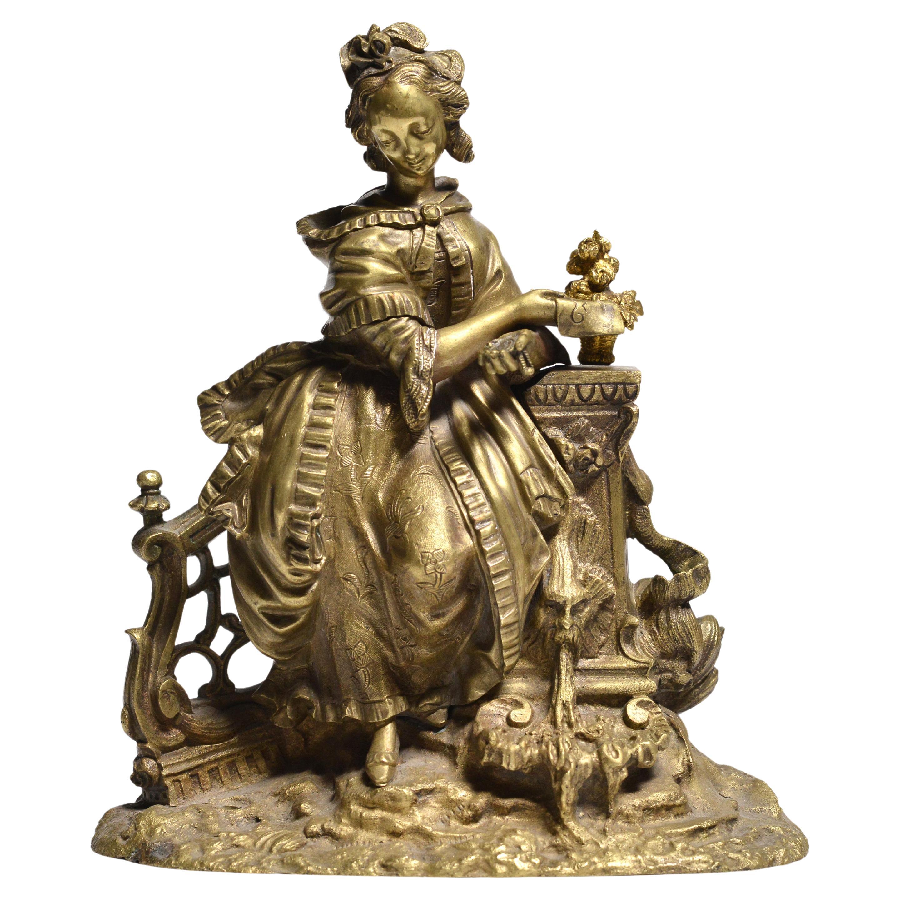 Gilt Bronze Figurine Young Lady with Love Letter at Fountain 19th century For Sale