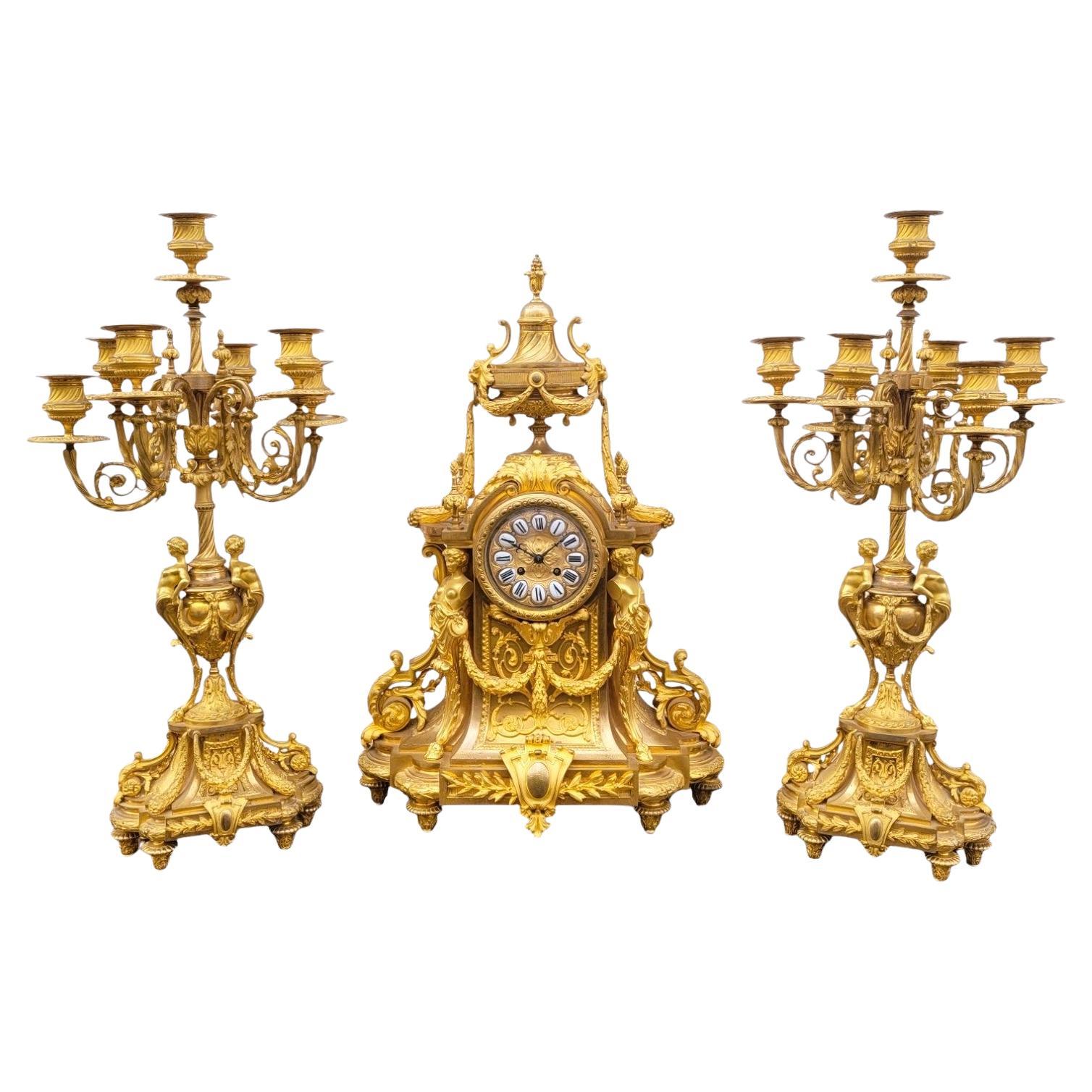 Gilt Bronze Fireplace Set, Napoleon III, 19th Century