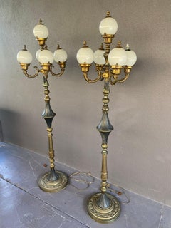 Gilt Bronze Five Arms Glass Globes Floor Lamps, Set of 2