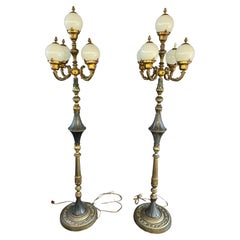 Antique Gilt Bronze Five Arms Glass Globes Floor Lamps, Set of 2