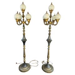 Gilt Bronze Five Arms Glass Globes Floor Lamps, Set of 2