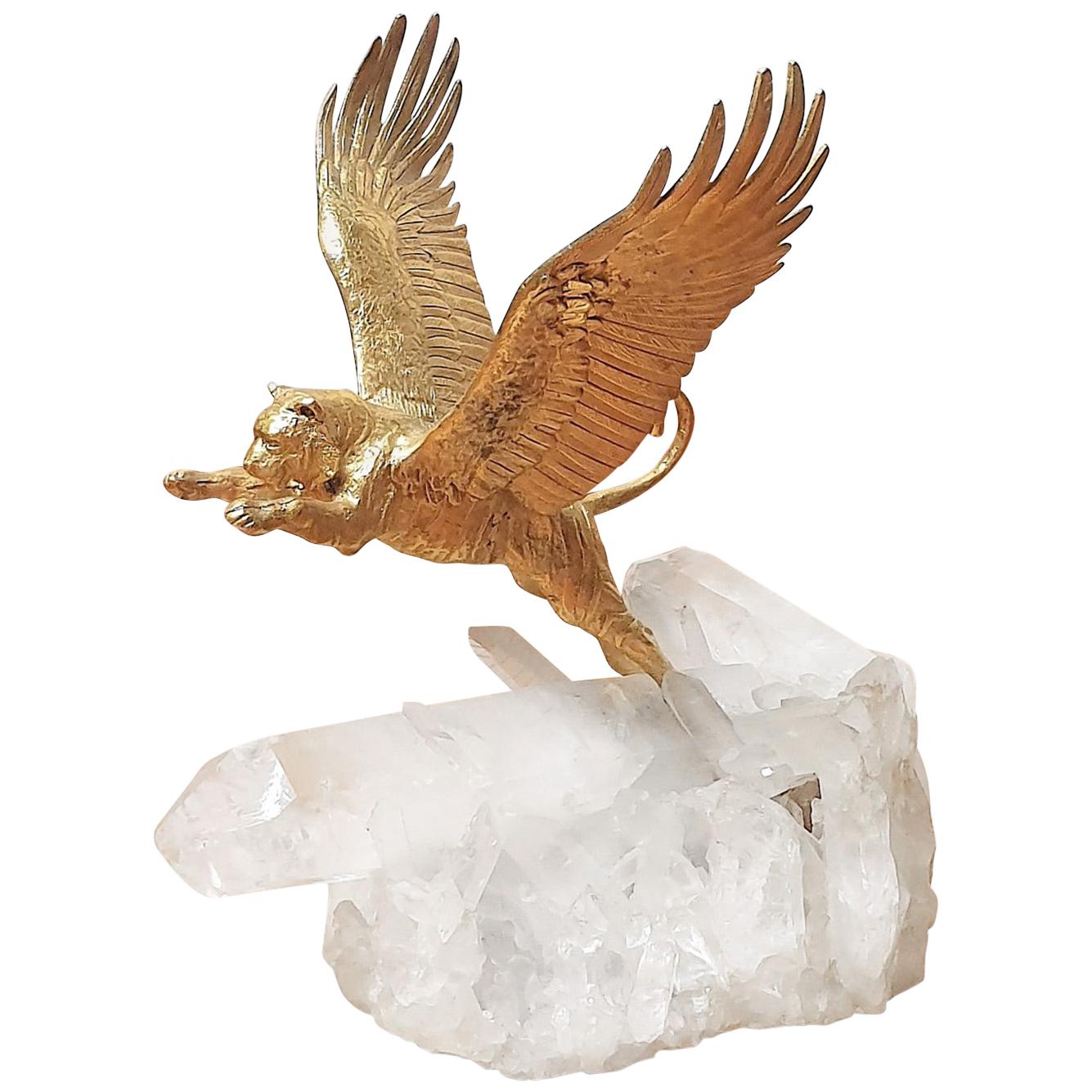 Gilt Bronze Flying Tiger on Rock Crystal For Sale
