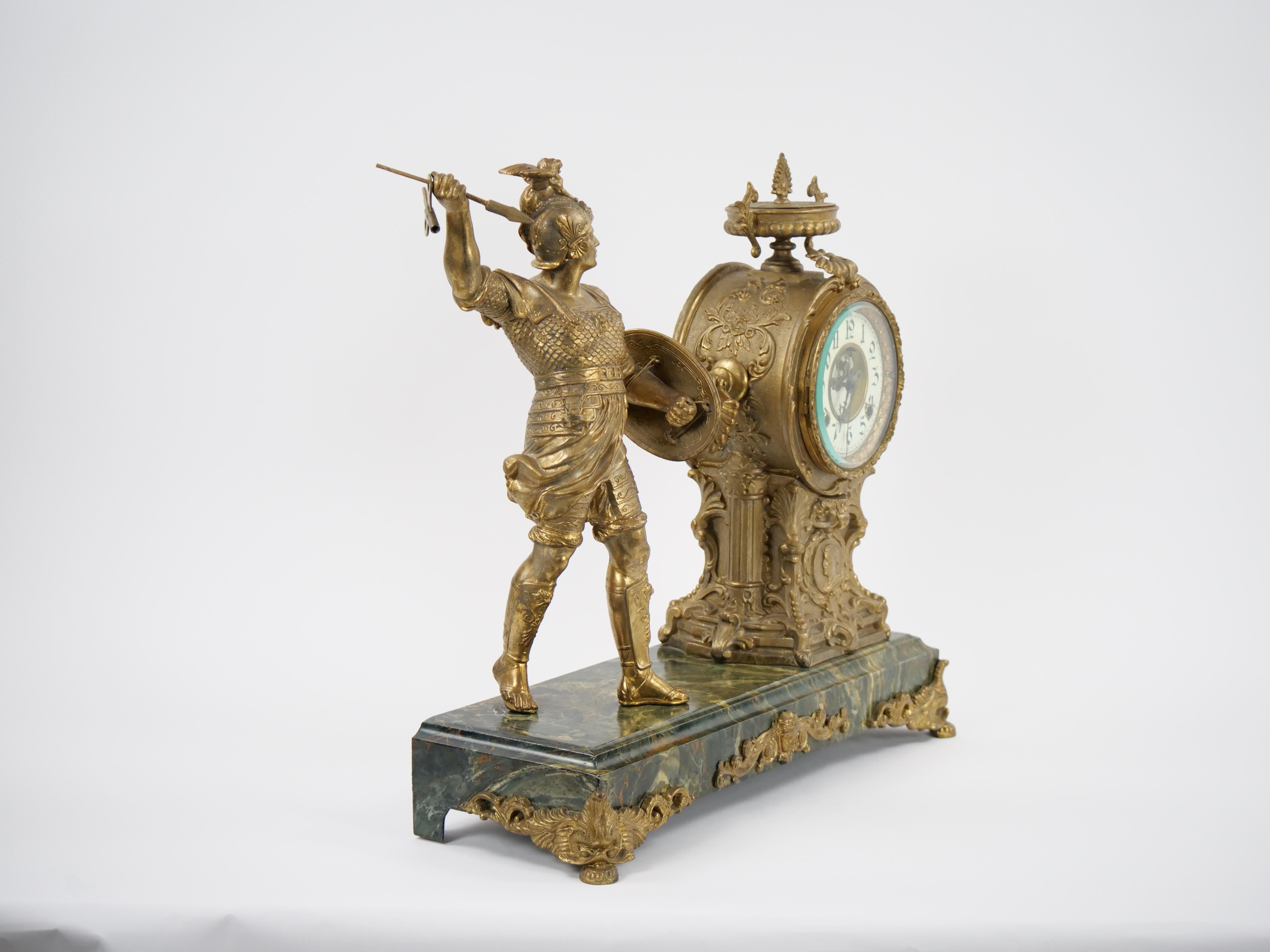  Gilt Bronze Footed Marble Base Mantel Clock Depicting Carthage Warrior For Sale 4