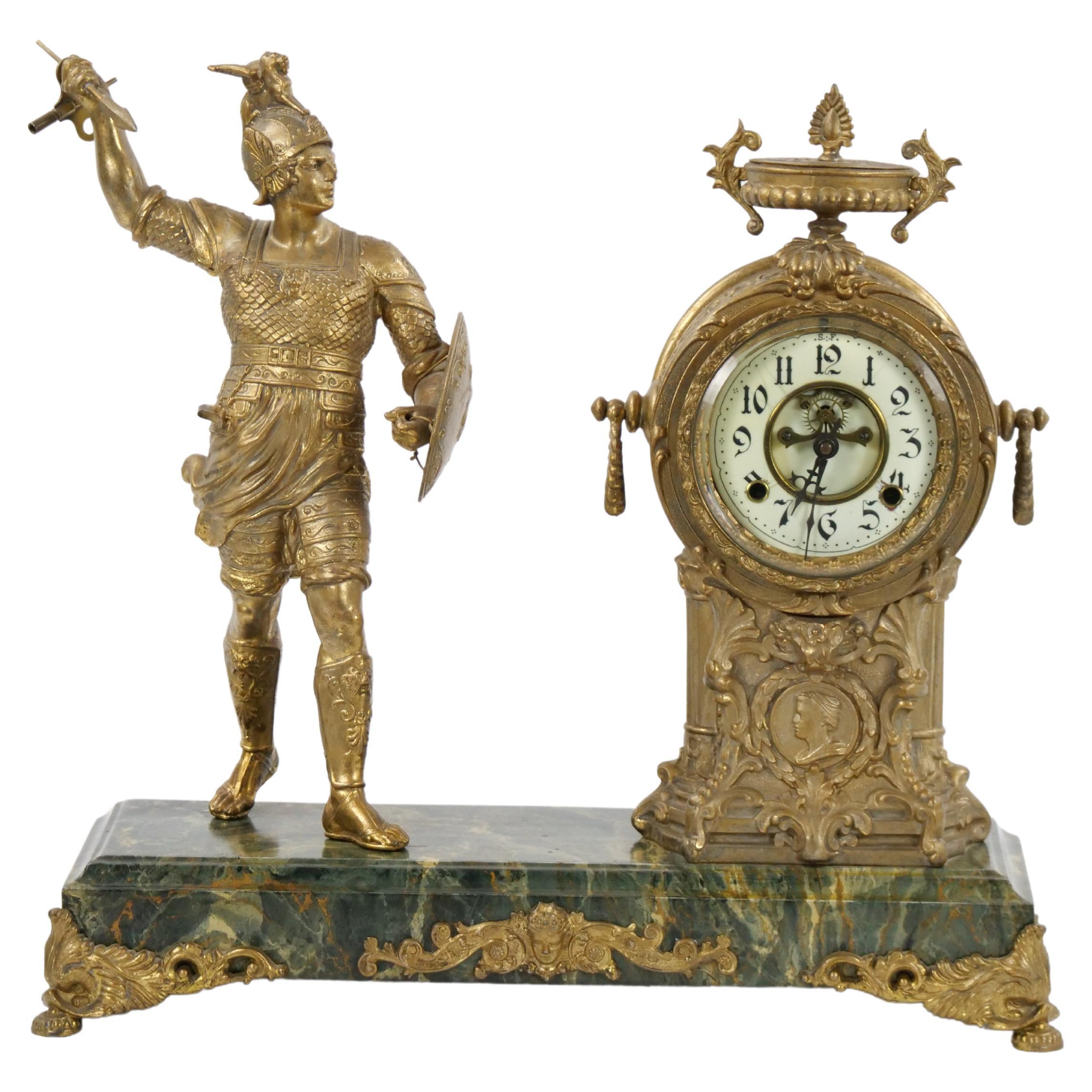  Gilt Bronze Footed Marble Base Mantel Clock Depicting Carthage Warrior