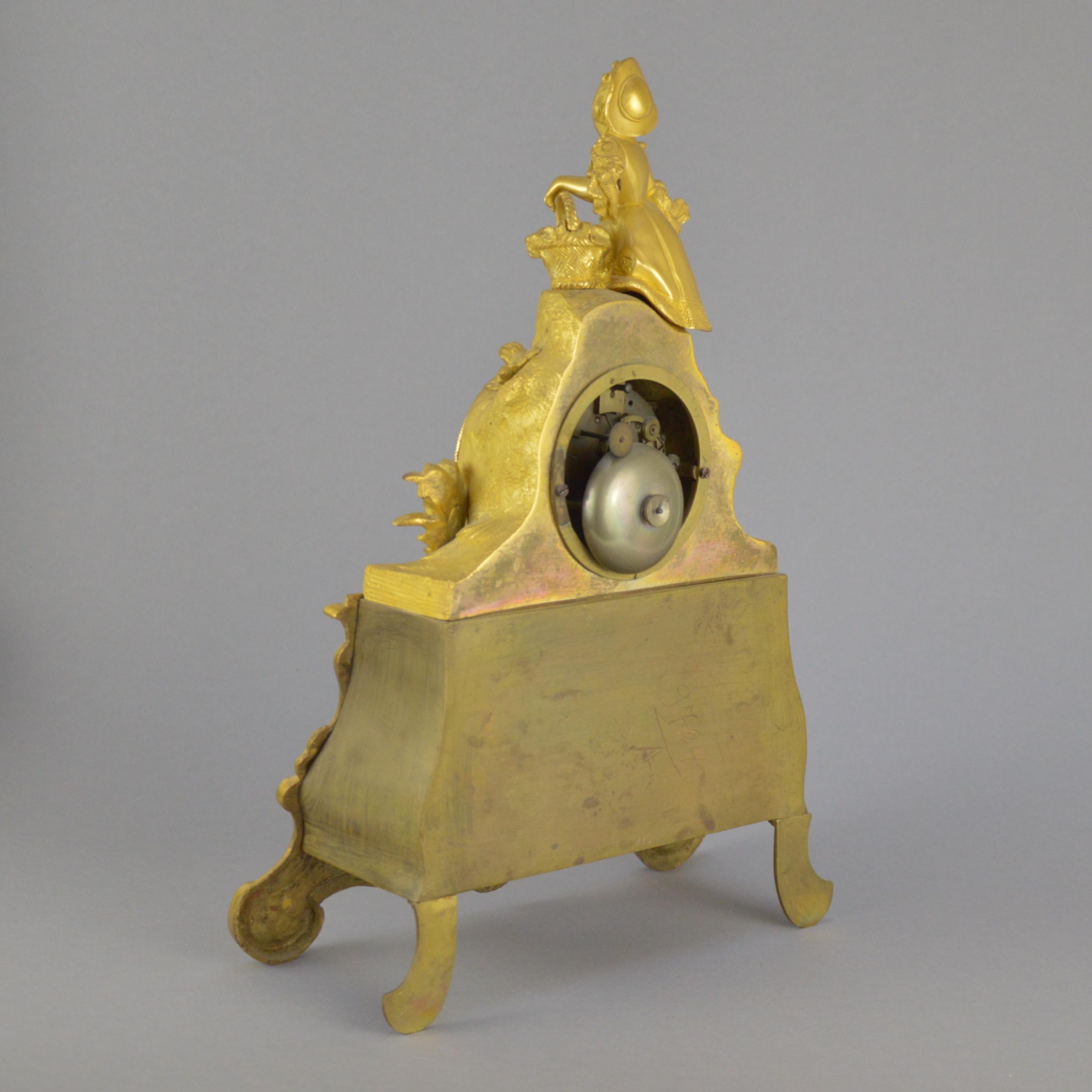 Ormolu Gilt Bronze 19th century Mazntel Clock Representing a Girl with a Flower Basket For Sale