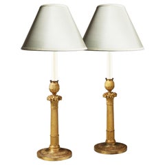 Gilt Bronze French Empire Candlestick Desk Table Lamps in Gold