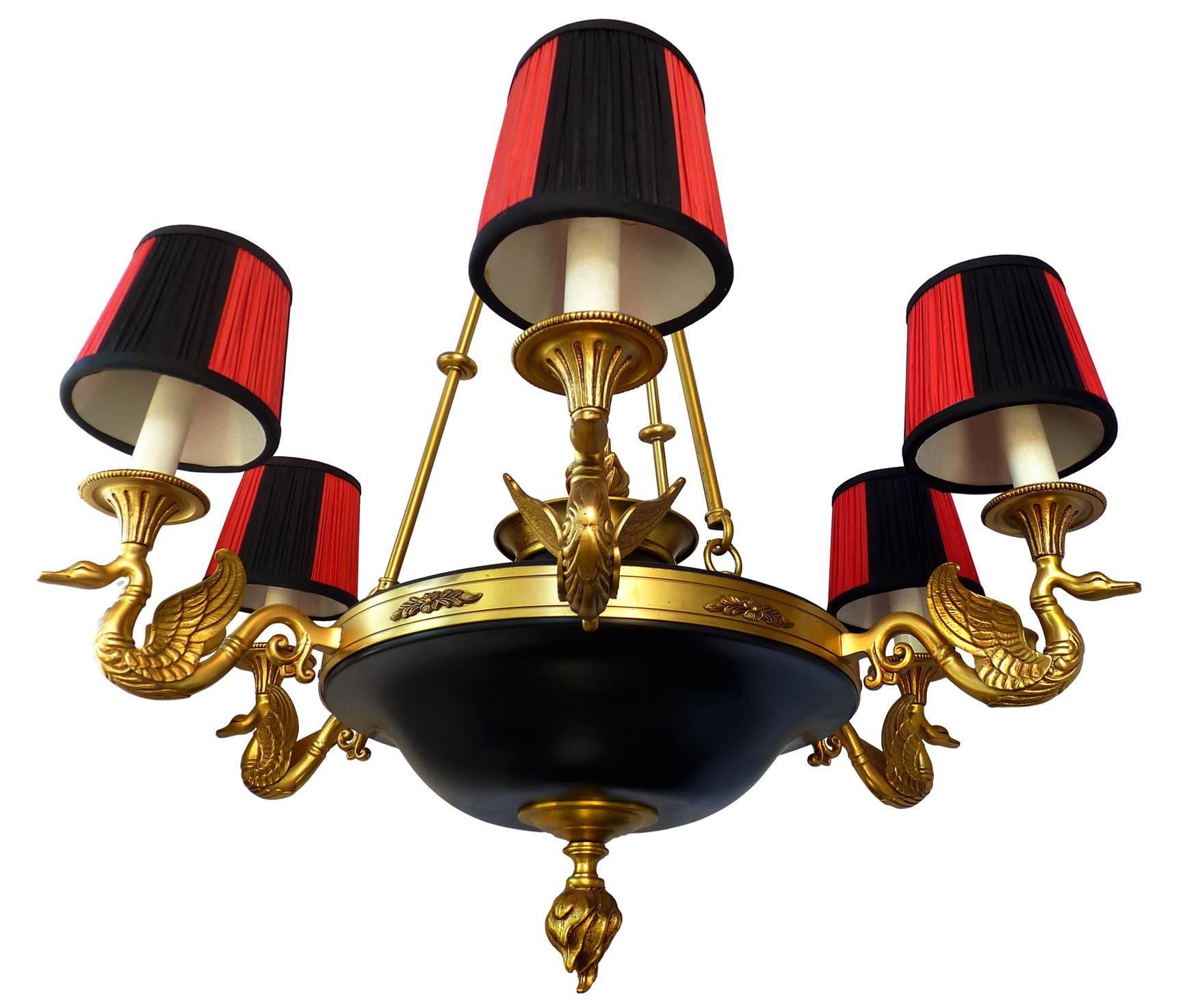 Empire Revival Gilt Bronze French Empire Chandelier, 6 Swan Arms and Red and Black Lampshades