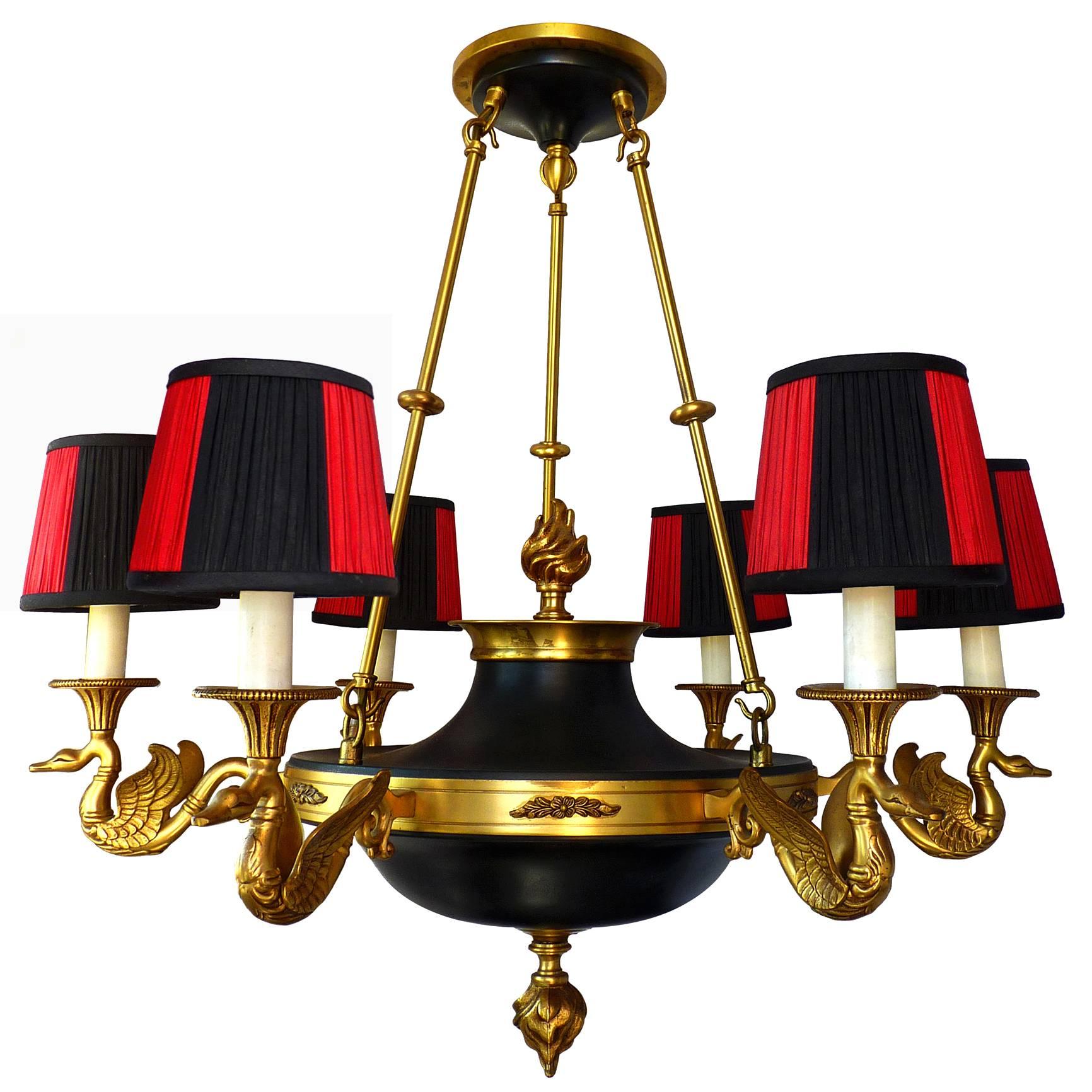 20th Century Gilt Bronze French Empire Chandelier, 6 Swan Arms and Red and Black Lampshades