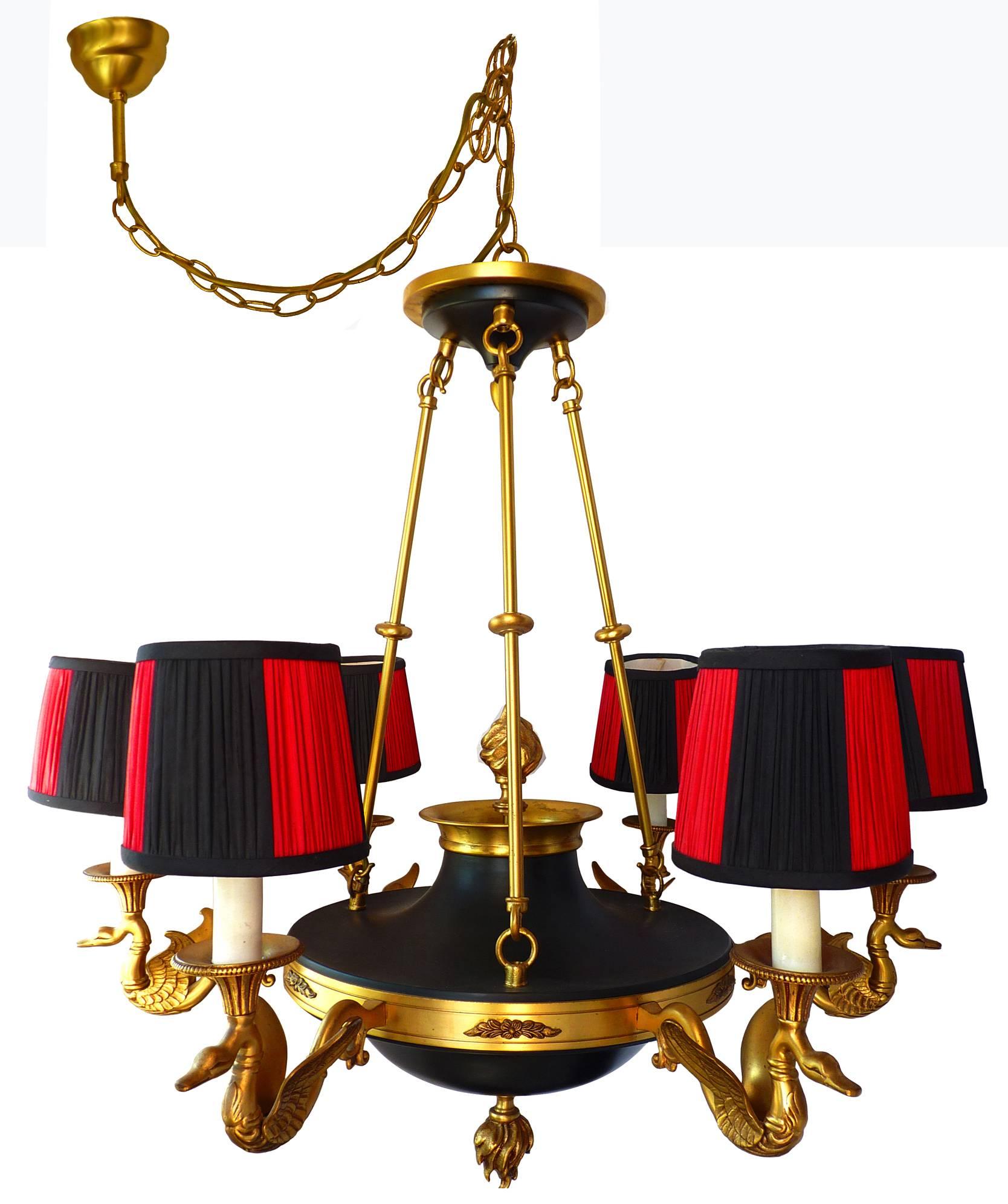 Brass Gilt Bronze French Empire Chandelier, 6 Swan Arms and Red and Black Lampshades