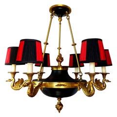 Gilt Bronze French Empire Chandelier, 6 Swan Arms and Red and Black Lampshades