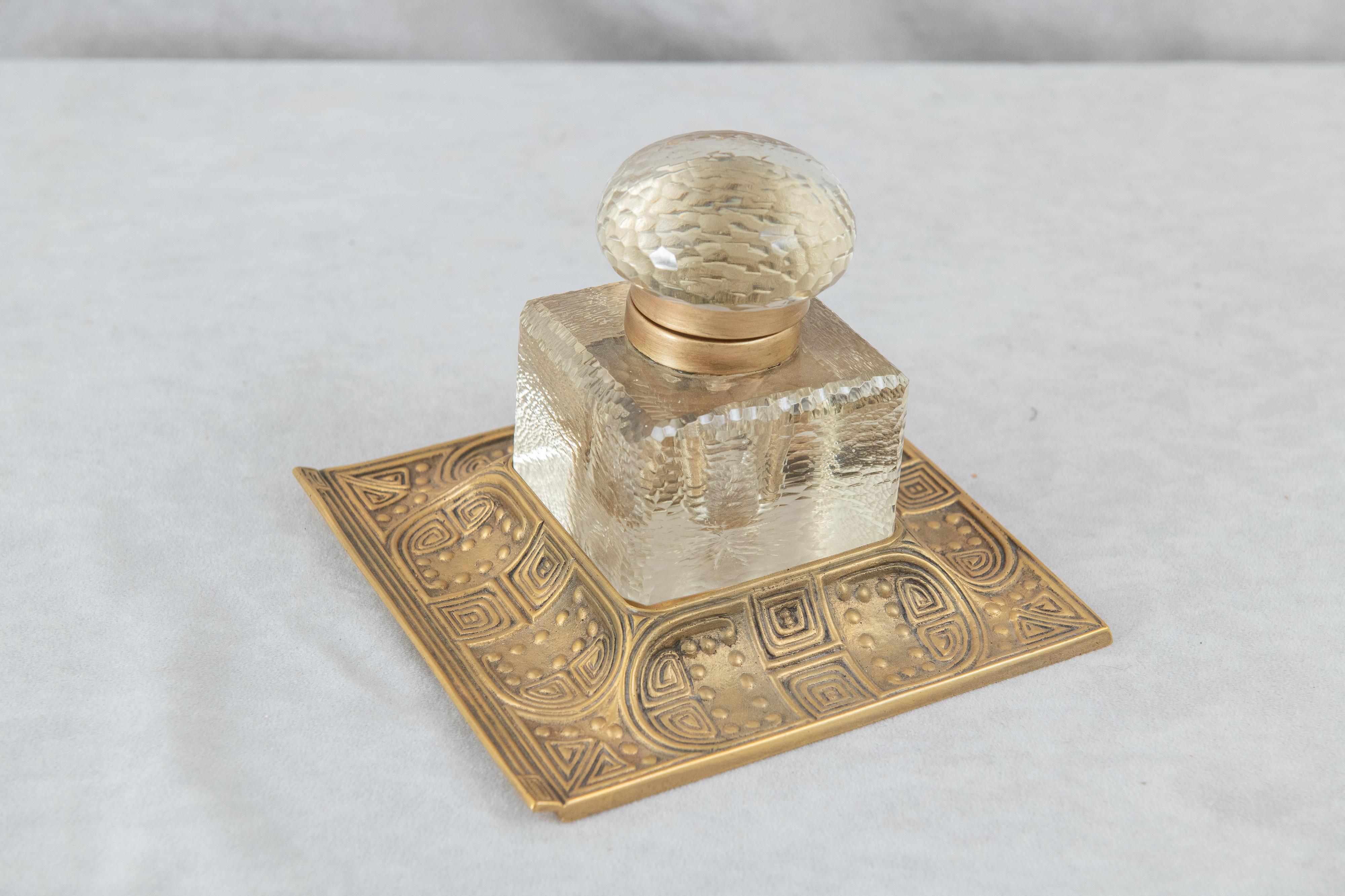 Aesthetic Movement Gilt Bronze & Glass Tiffany Studios Inkwell ca. 1900 For Sale