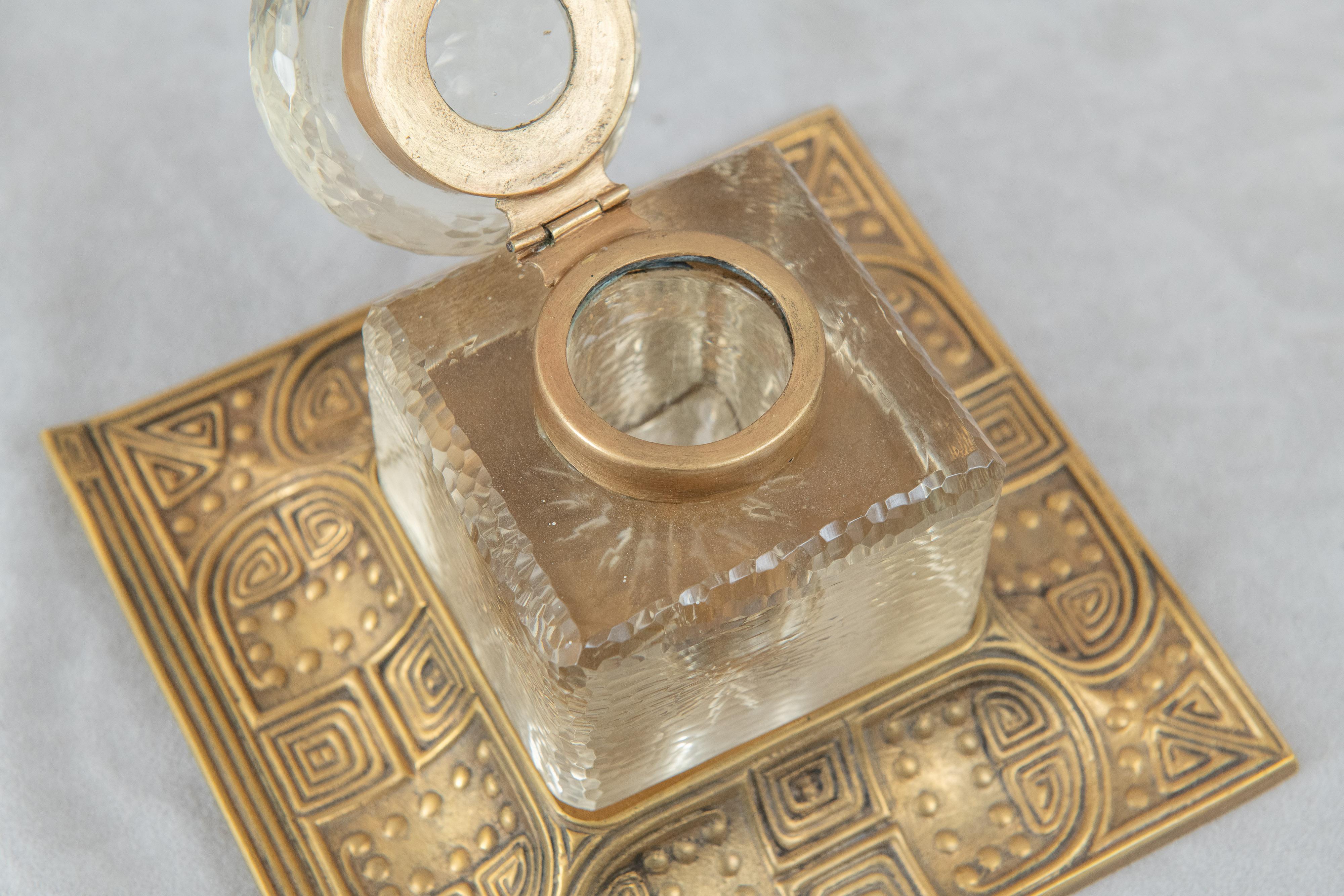 Cast Gilt Bronze & Glass Tiffany Studios Inkwell ca. 1900 For Sale