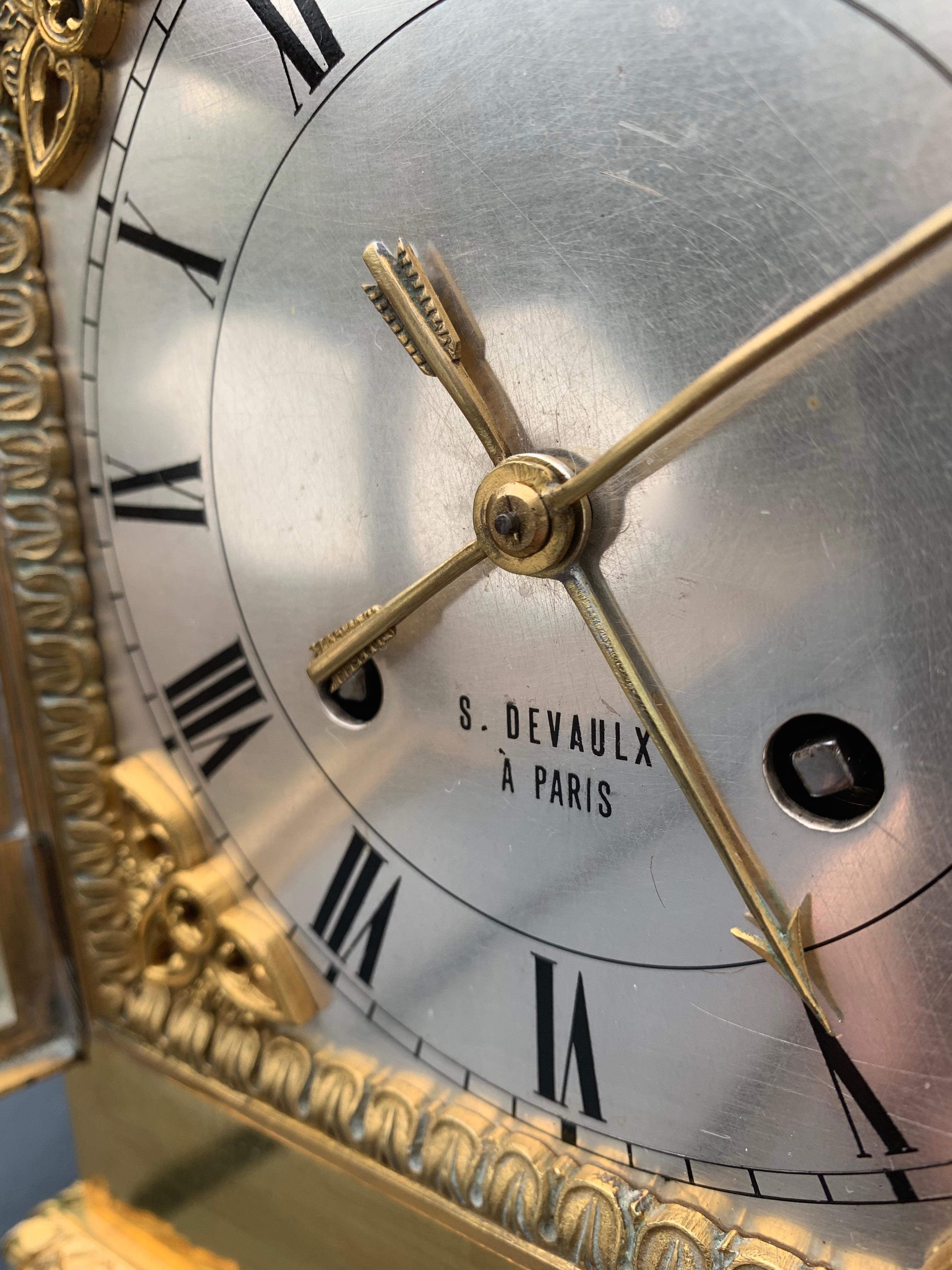 Stunning Gilt Bronze Gothic Table Clock w Earth Angel Sculpture by Devaulx Paris For Sale 3