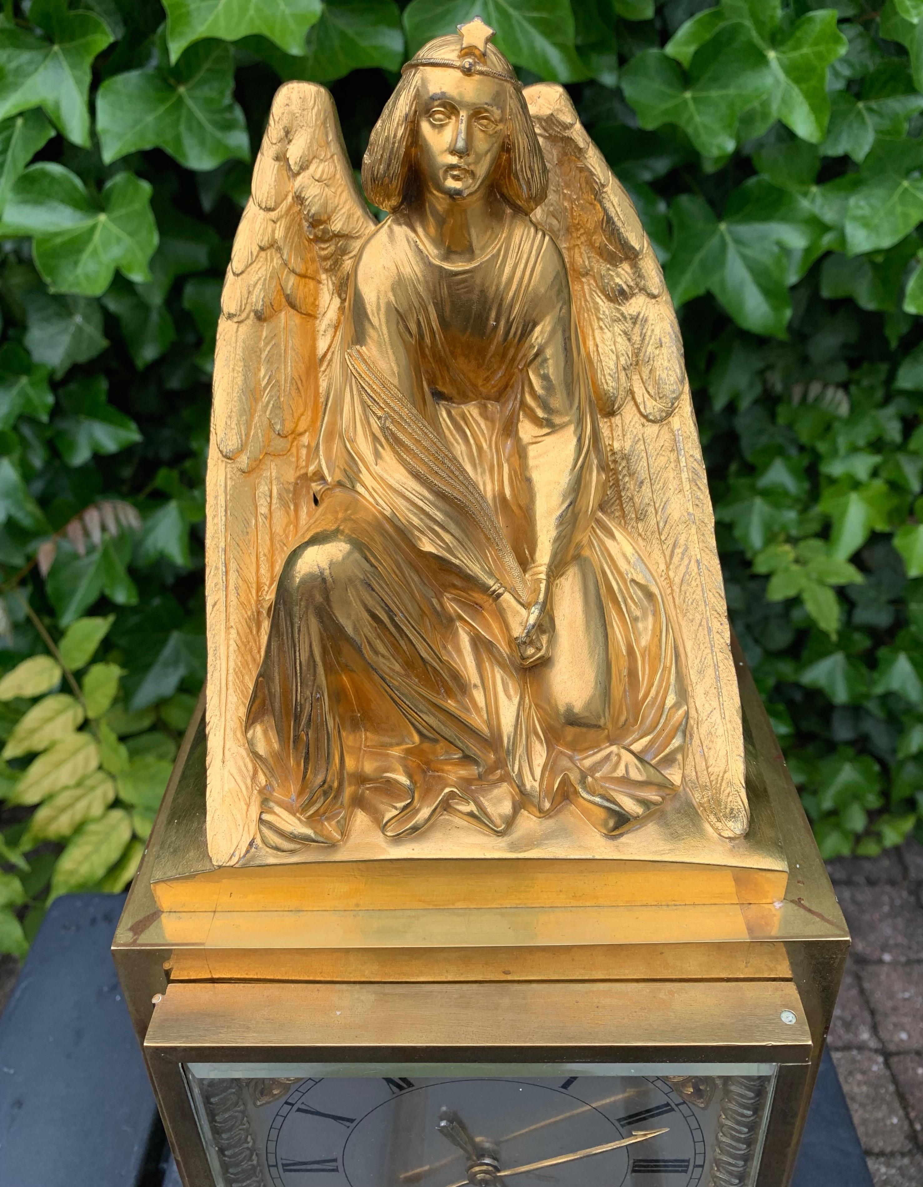 Stunning Gilt Bronze Gothic Table Clock w Earth Angel Sculpture by Devaulx Paris For Sale 8