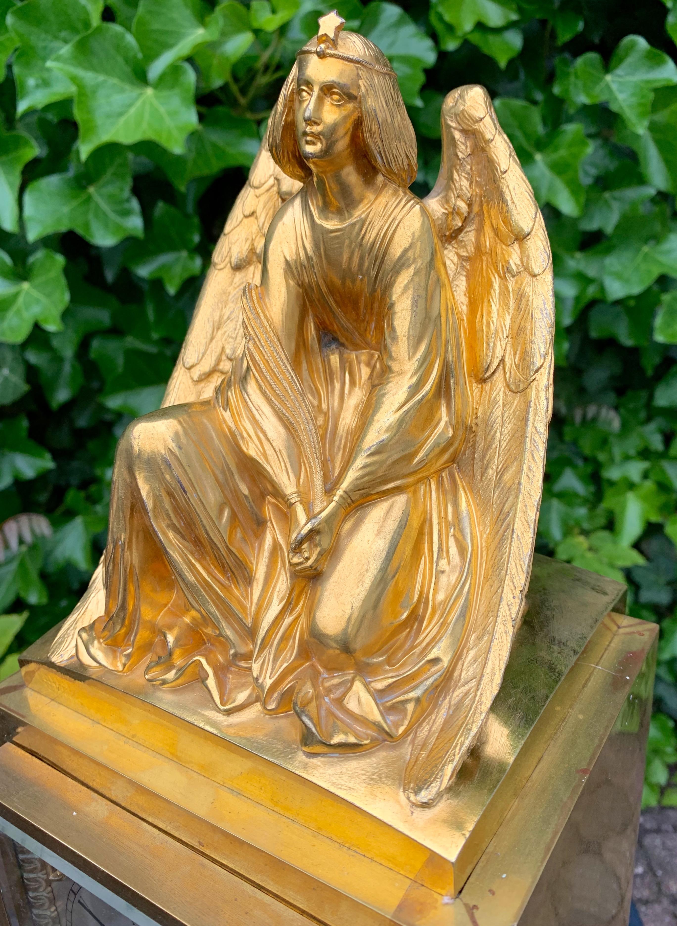 French Stunning Gilt Bronze Gothic Table Clock w Earth Angel Sculpture by Devaulx Paris For Sale