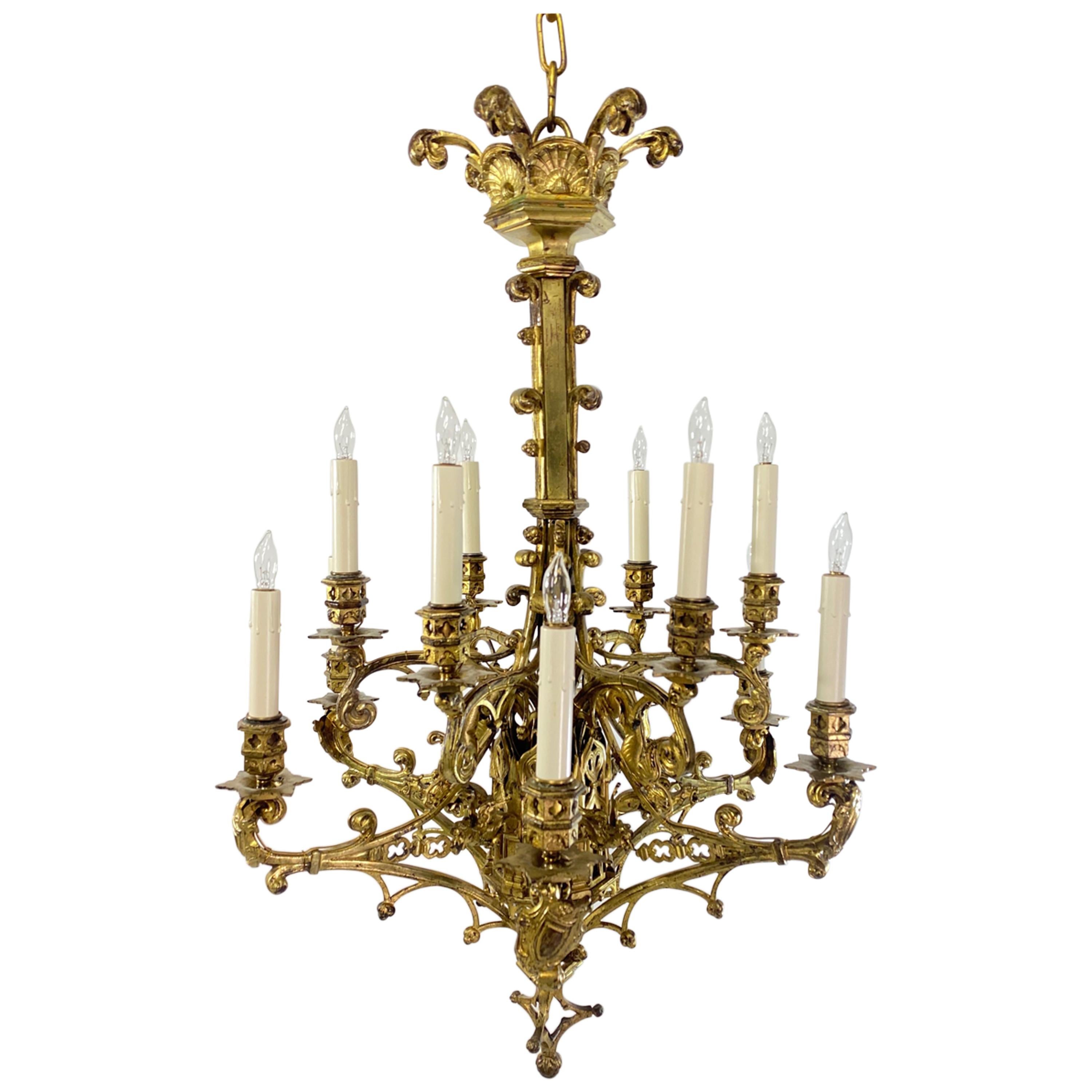 Gilt Bronze Gothic Revival Light Fixture, English 19th Century