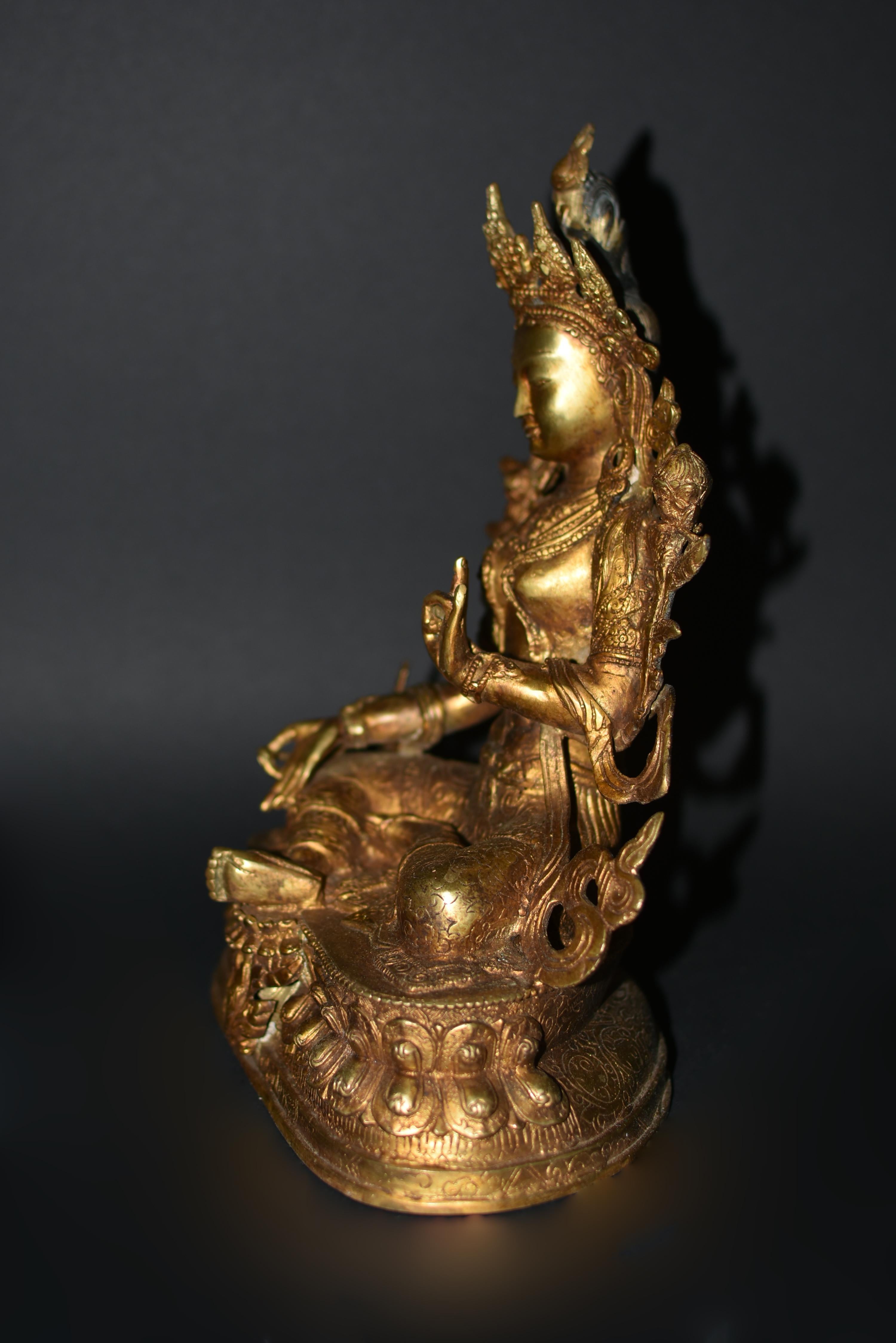Green Tara Gilt Bronze Tibetan Statue  For Sale 9
