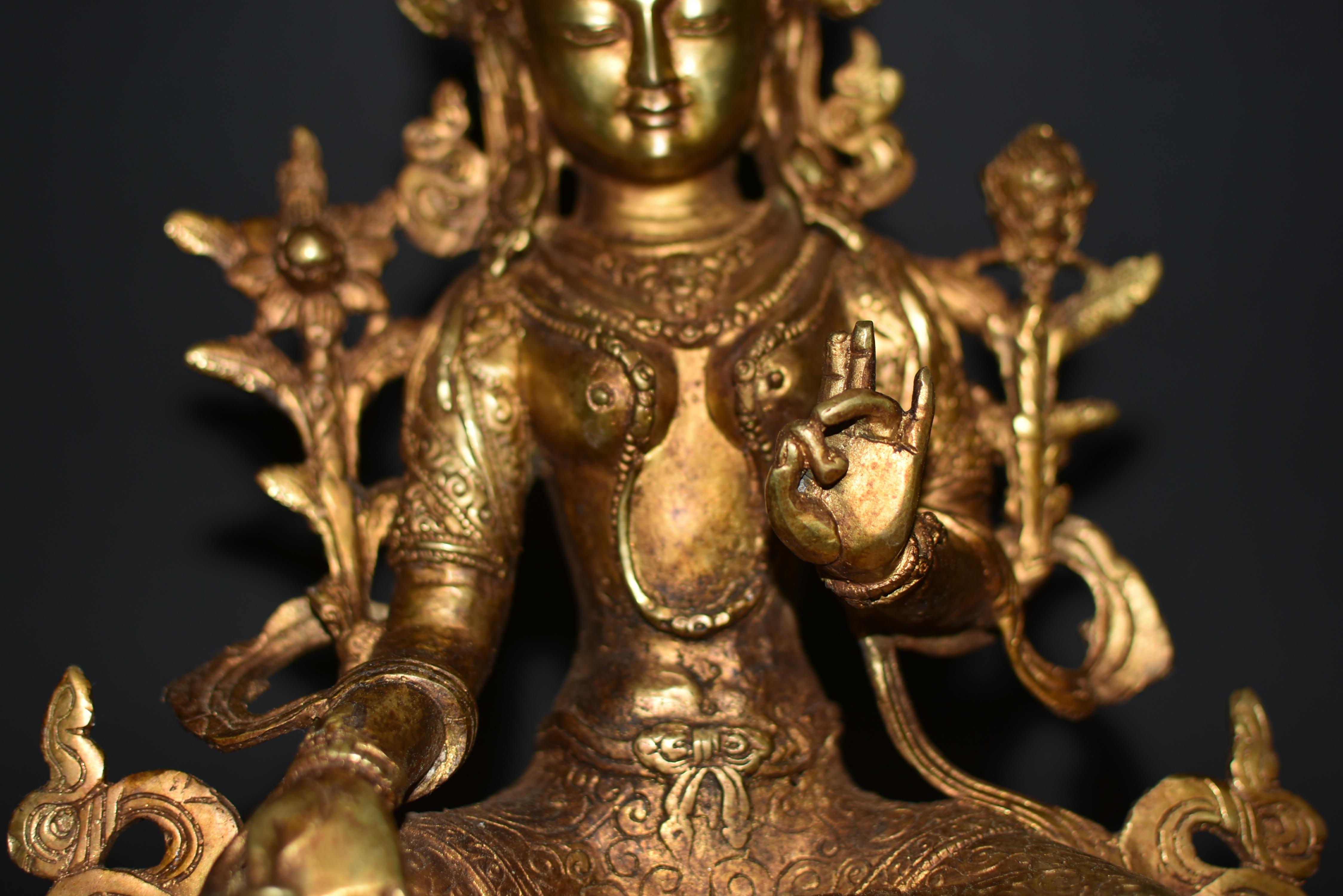 20th Century Green Tara Gilt Bronze Tibetan Statue  For Sale