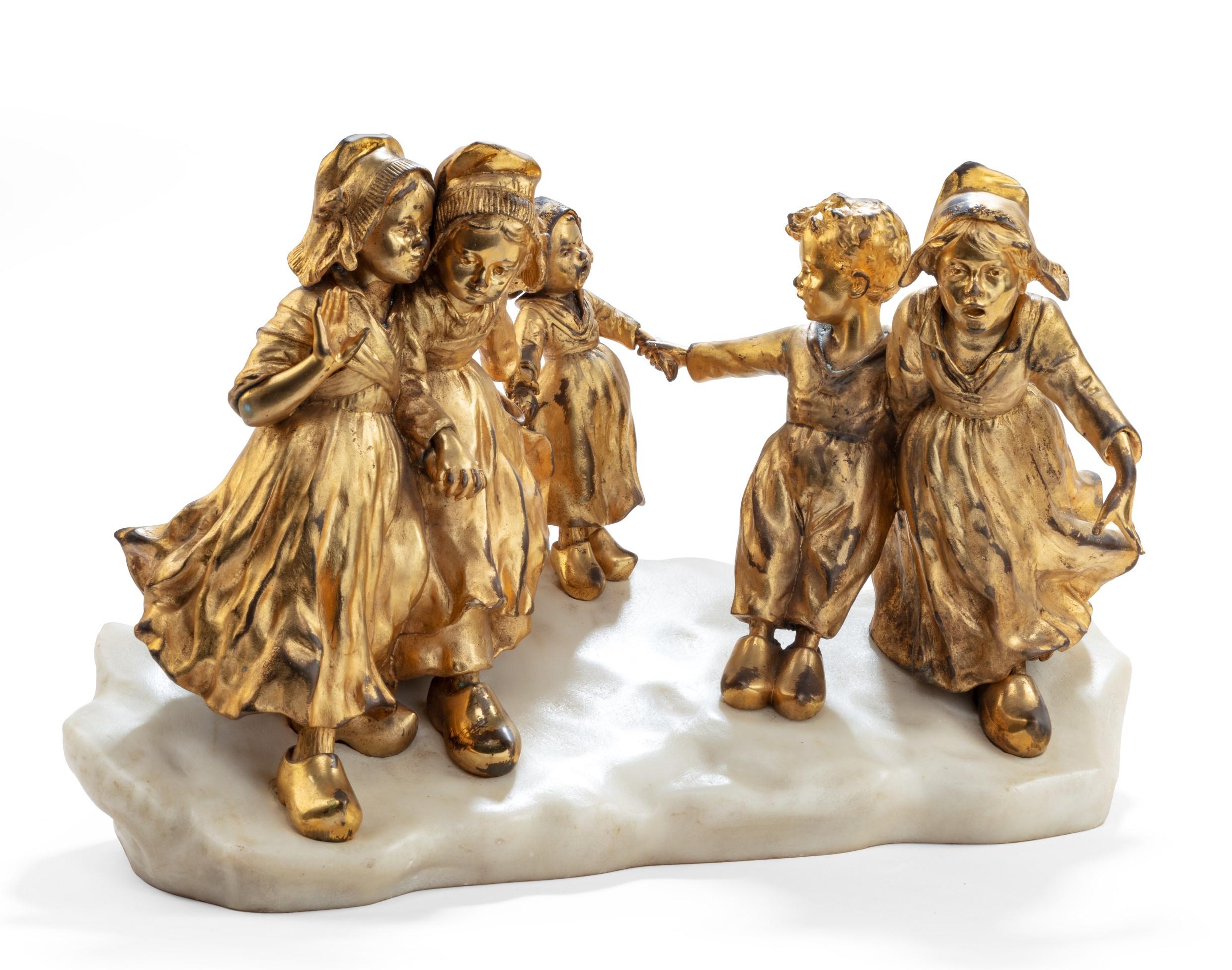 Bronze A charming gilt bronze group of Dutch children by Guiseppe or Joseph D’Aste For Sale