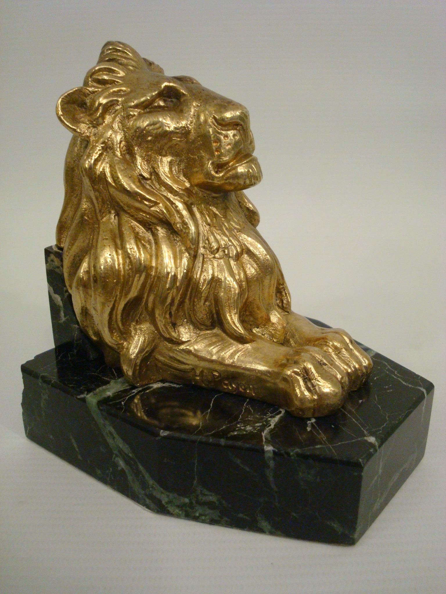 20th Century Gilt Bronze Guardian Lions Bookends. Signed H. Payen, France 1920´s For Sale