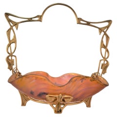 Antique Gilt Bronze Hand Painted Blown Glass Art Nouveau Dish 