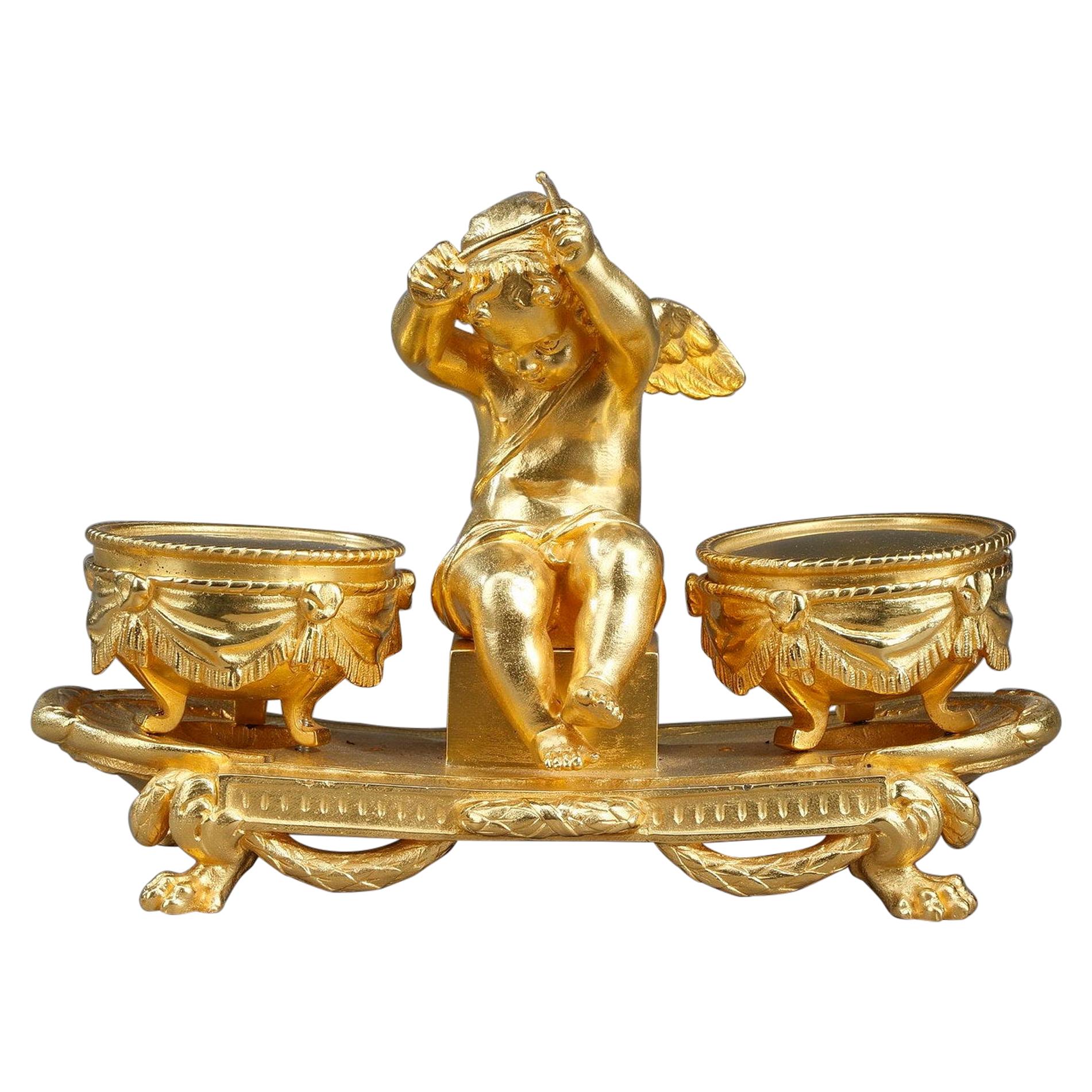 Encrier en bronze doré, « L'Amour timbalier », style Louis XVI