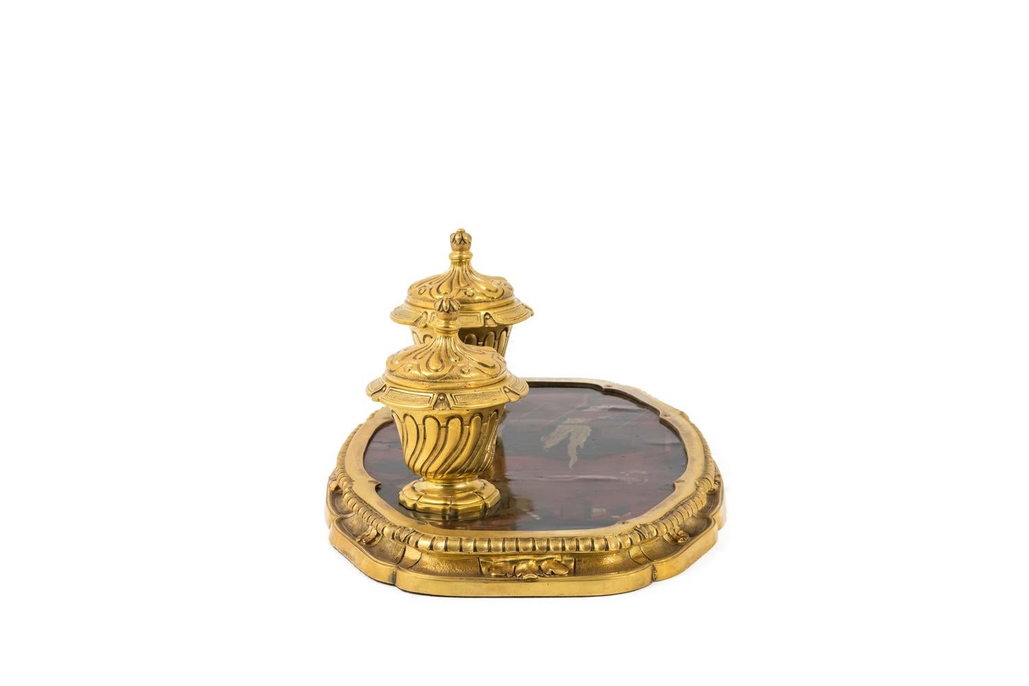 Chinoiserie Gilt Bronze Inkwell with Chinese Style Lacquer,  Late 19th Century  For Sale