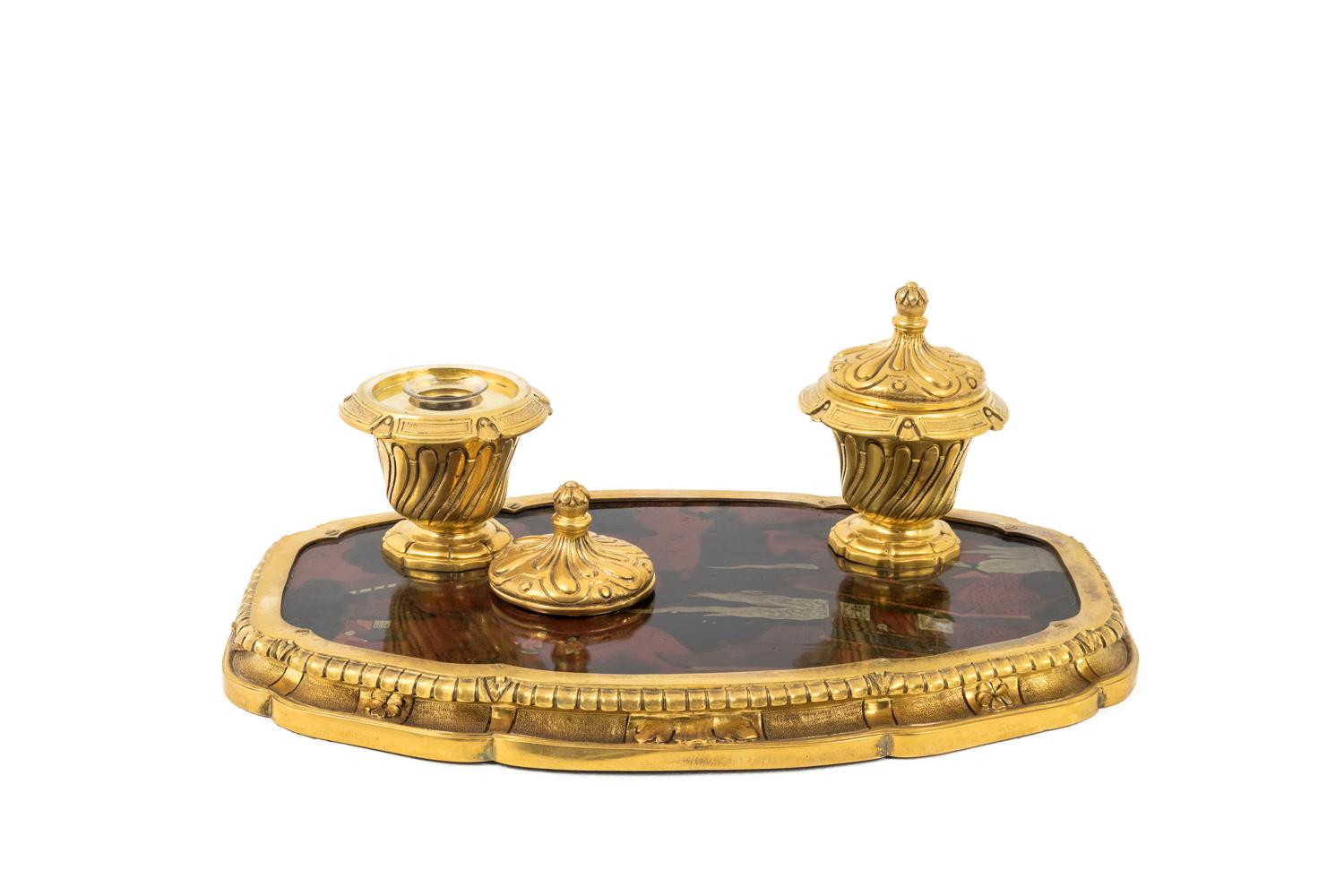 European Gilt Bronze Inkwell with Chinese Style Lacquer,  Late 19th Century  For Sale