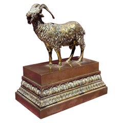 Antique Gilt Bronze Inkwell with Ibex, Napoleon III Period, 19th Century