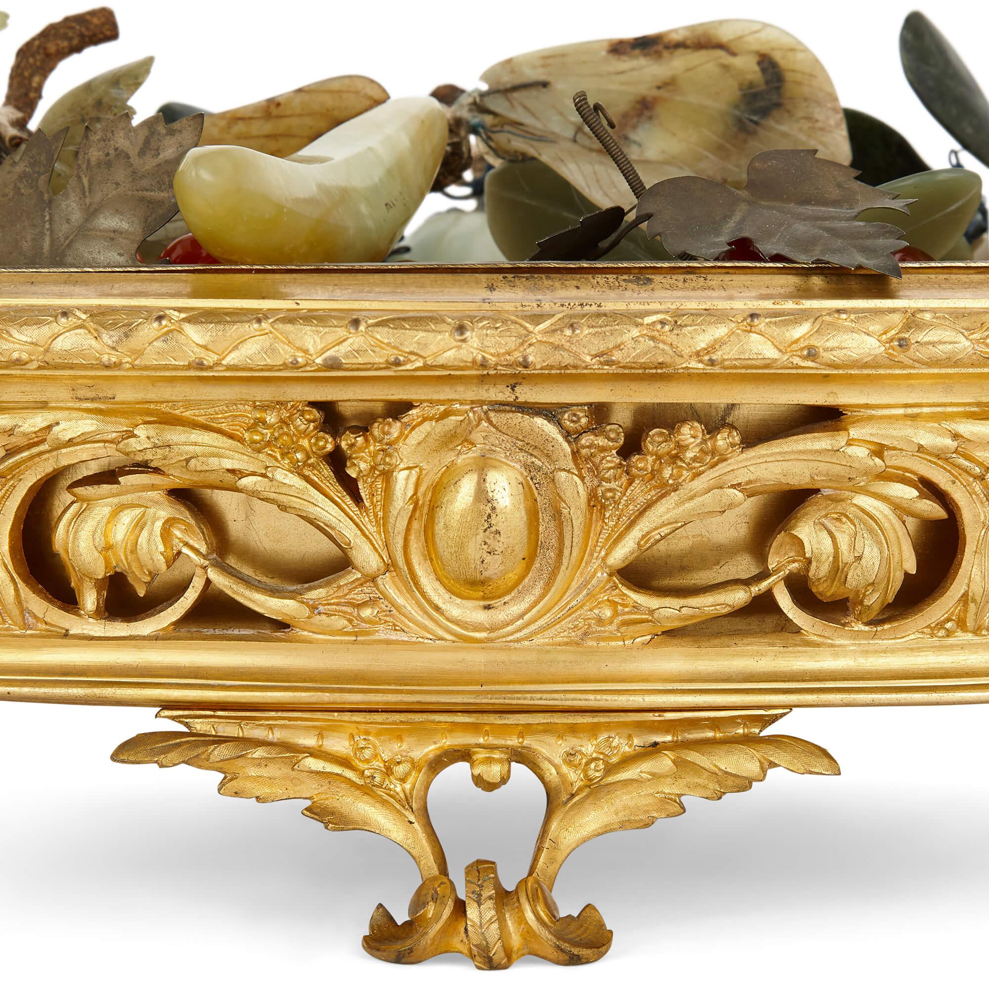 Rococo Gilt Bronze Jardinière with Hardstone Fruits For Sale