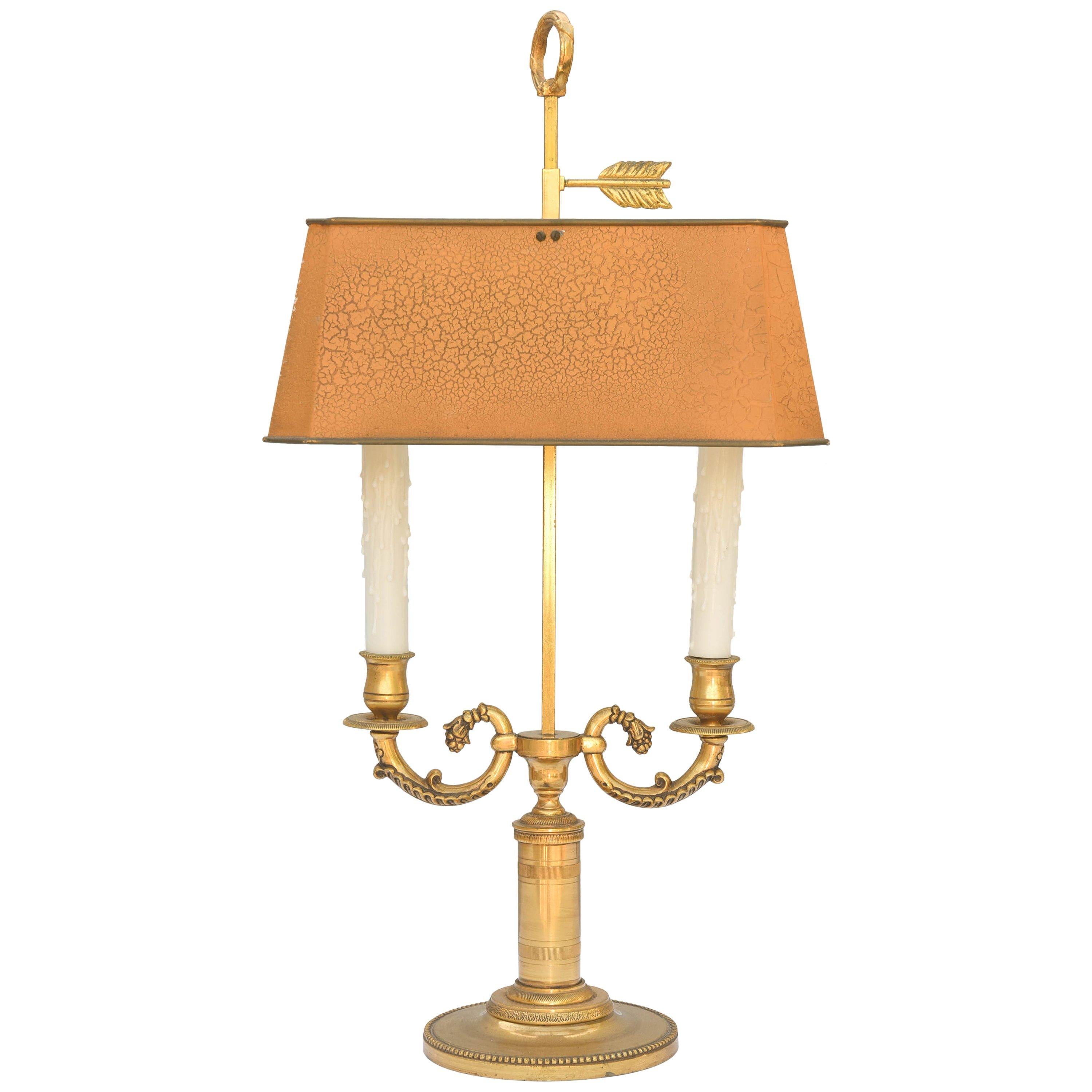 Gilt Bronze Lamp with Rectangular Bouillotte Shade in Orange