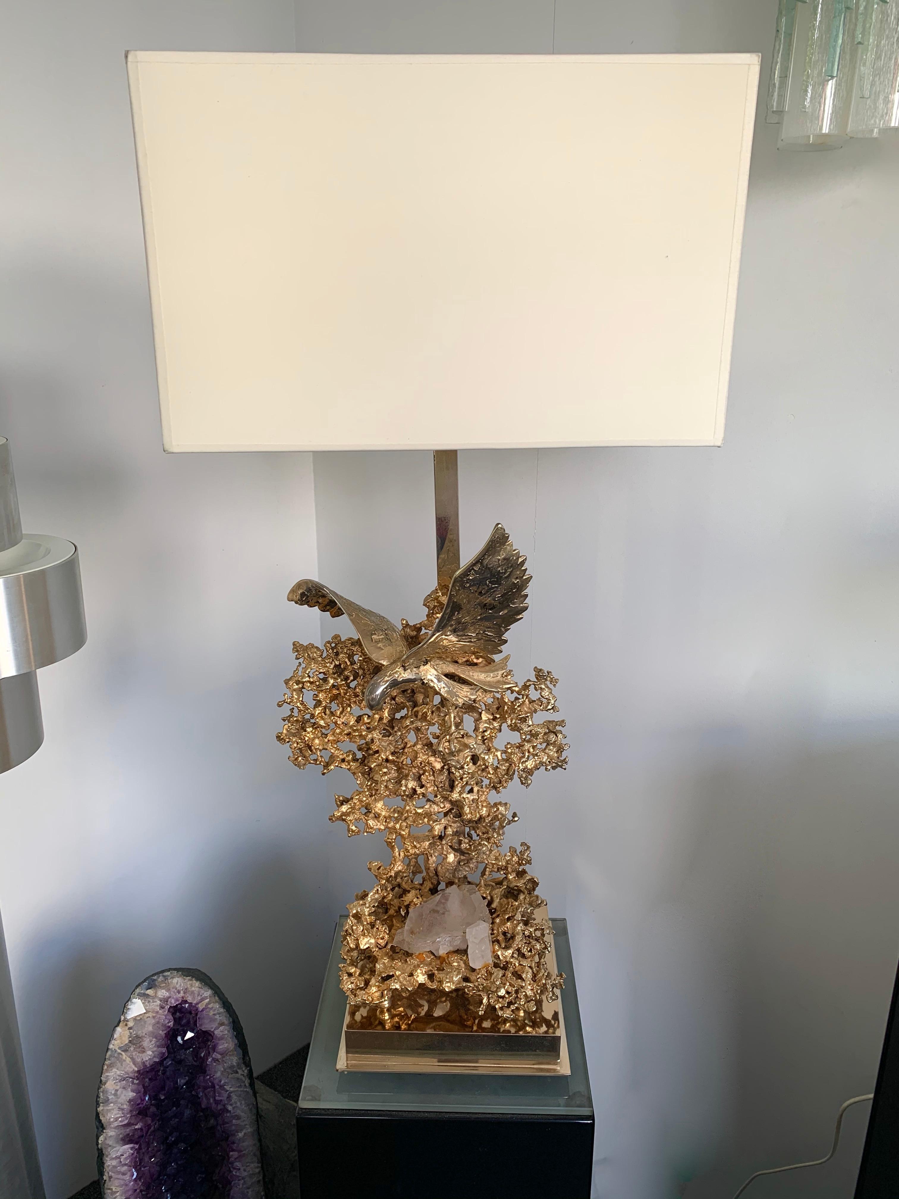 French Gilt Bronze Lamp with Rock Crystal and Brass by Boeltz, France, 1970s