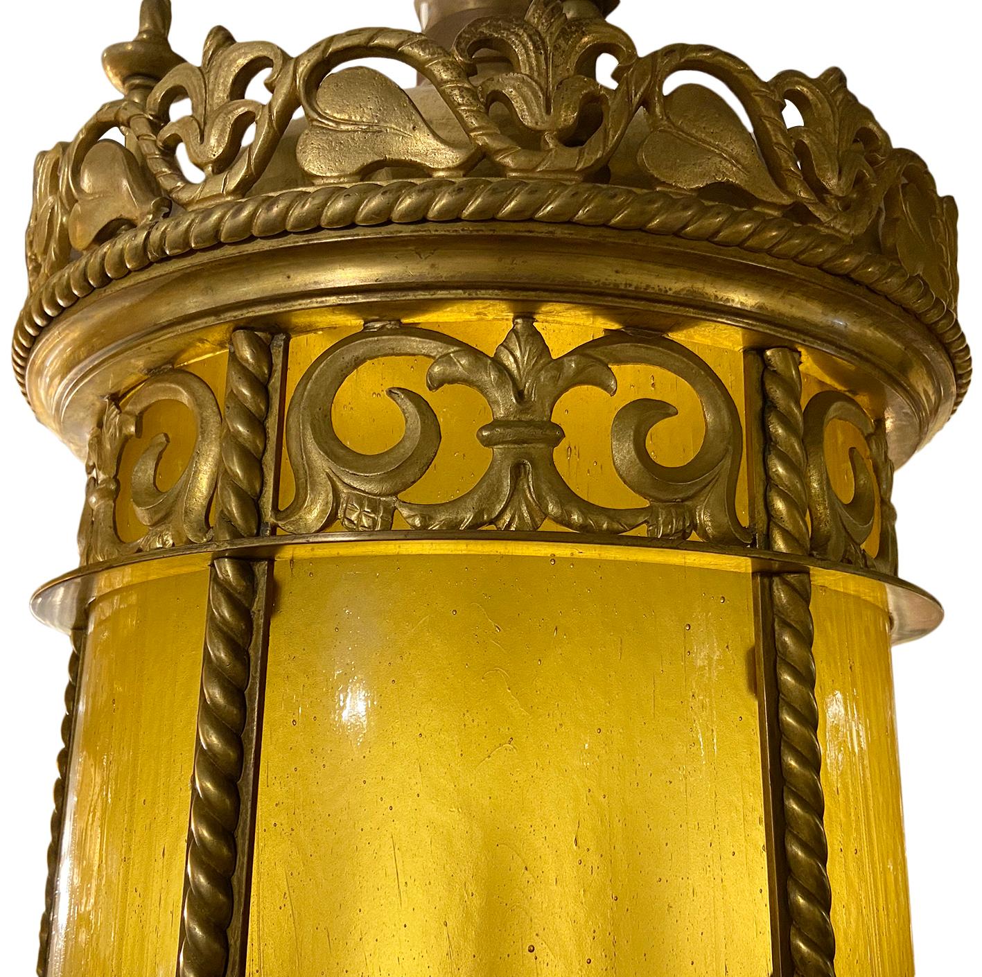 American Gilt Bronze Lantern with Leaded Glass For Sale
