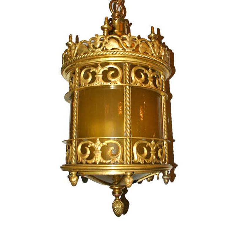 Gilt Bronze Lantern with Leaded Glass For Sale 1