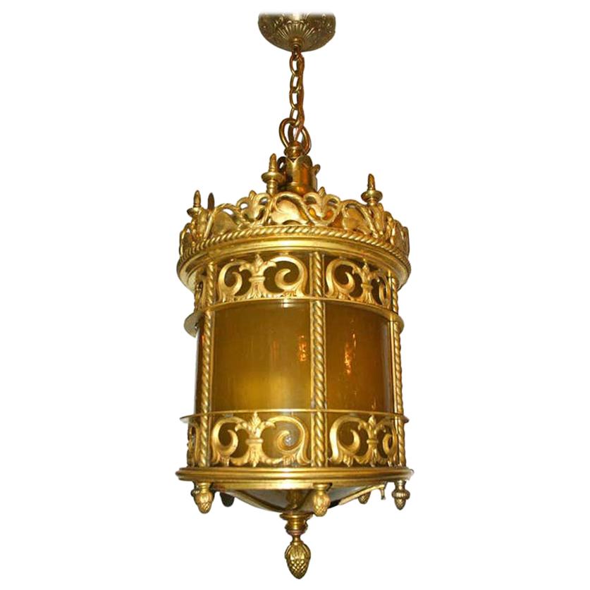 Lanterne en bronze doré avec verre plombé