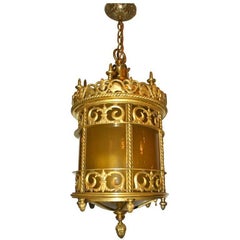 Gilt Bronze Lantern with Leaded Glass