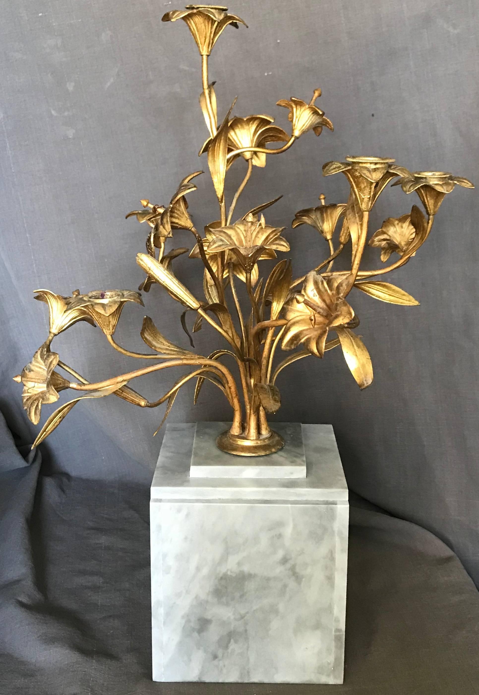 Gilt Bronze Lily Candelabra In Good Condition For Sale In New York, NY