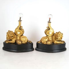 Gilt Bronze Lion Form Chenets Andirons Mounted as Table Lamps