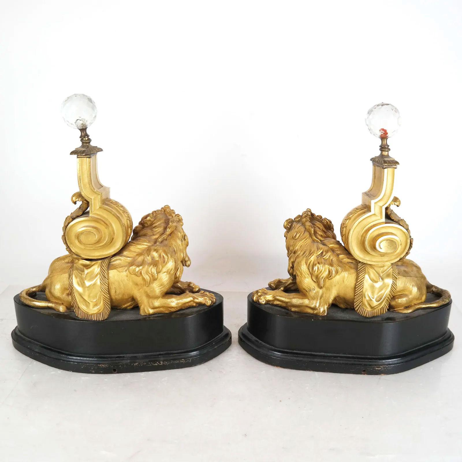 Regency Revival Gilt Bronze Lion Form Chenets Andirons Mounted as Table Lamps For Sale