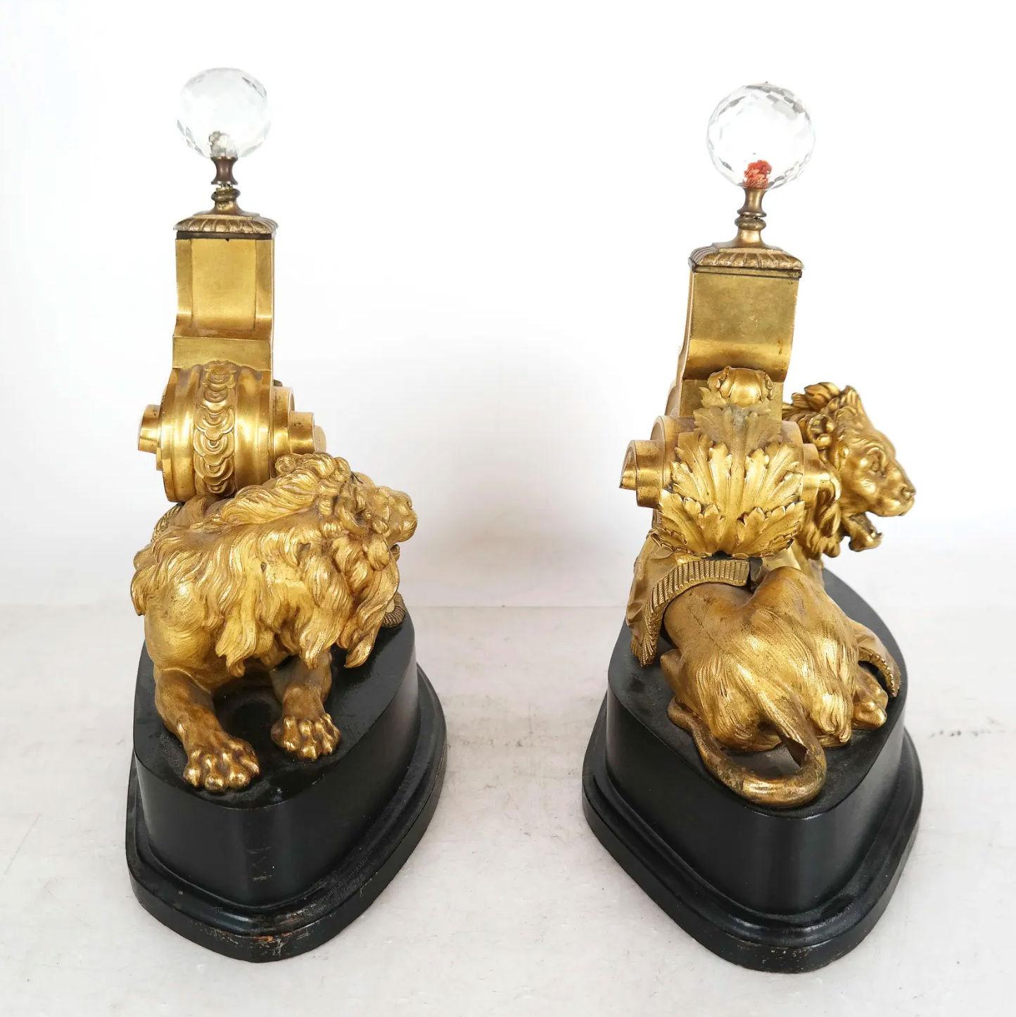 British Gilt Bronze Lion Form Chenets Andirons Mounted as Table Lamps For Sale