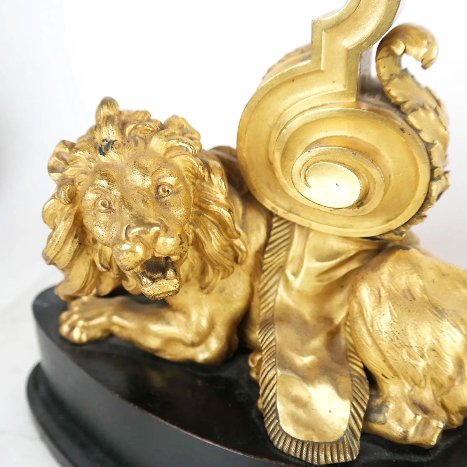 19th Century Gilt Bronze Lion Form Chenets Andirons Mounted as Table Lamps For Sale