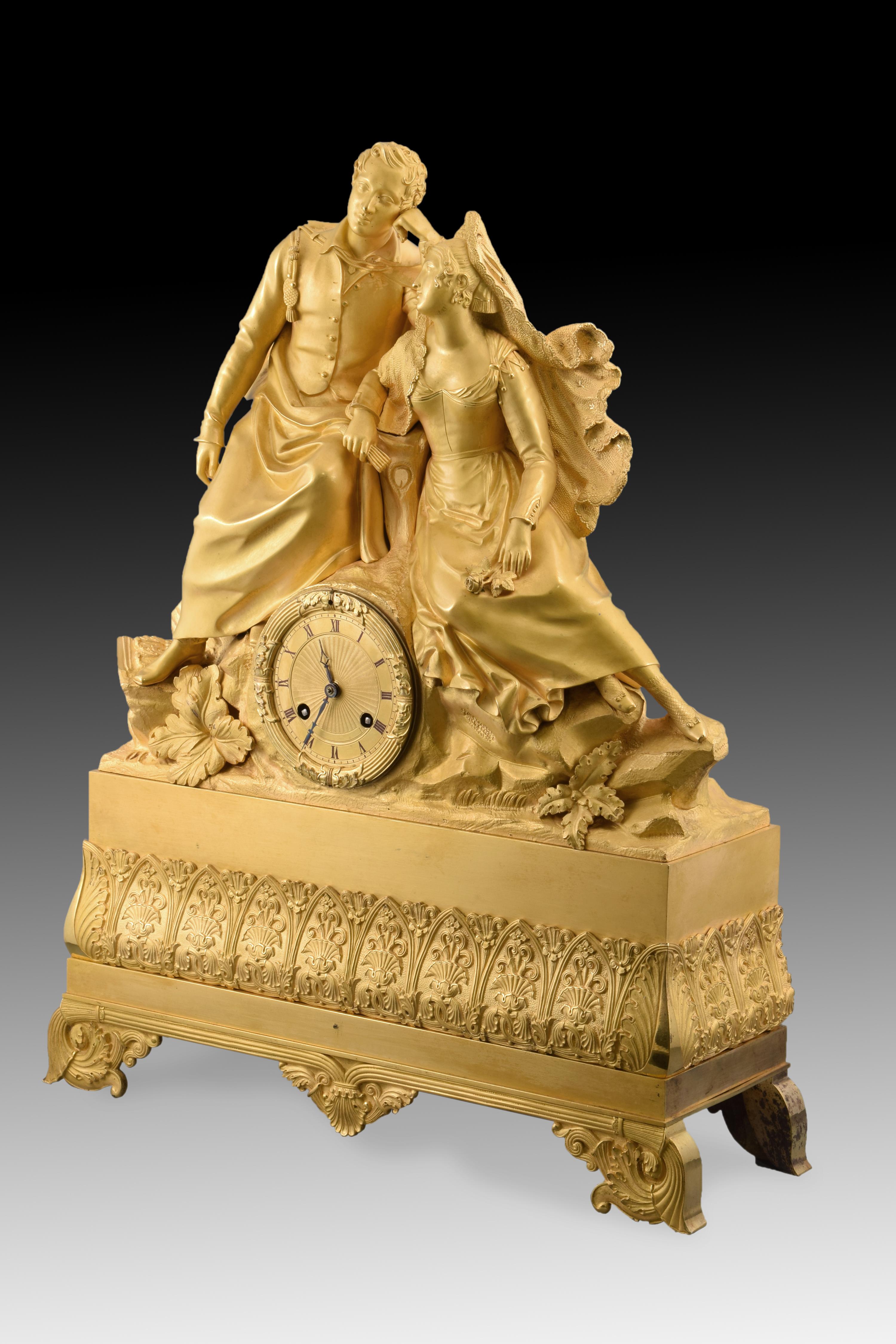 Neoclassical Gilt bronze mantel clock, Couple. 19th century. In working order.