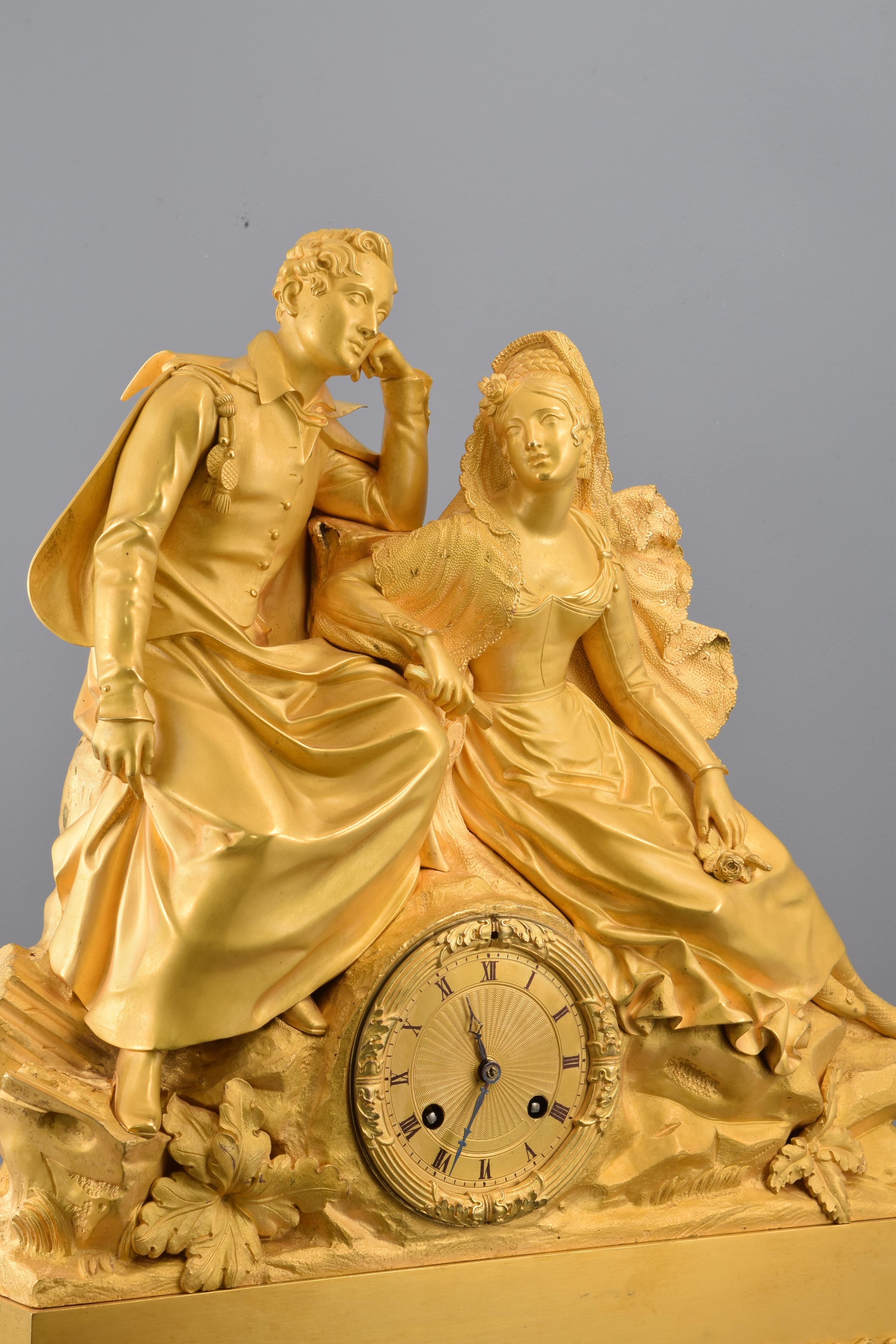 Bronze Gilt bronze mantel clock, Couple. 19th century. In working order.