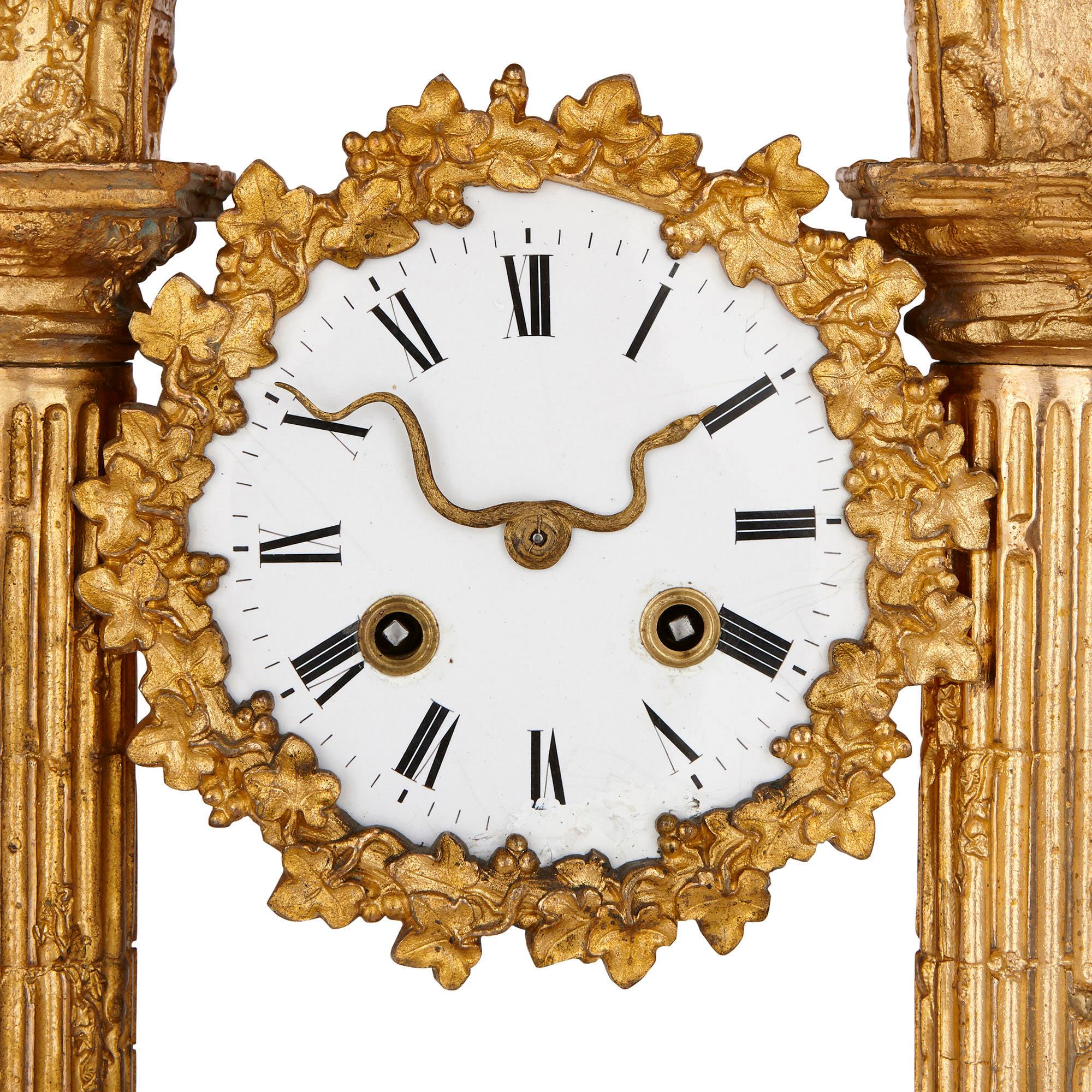 Neoclassical Gilt bronze mantel clock in form of Roman ruin For Sale