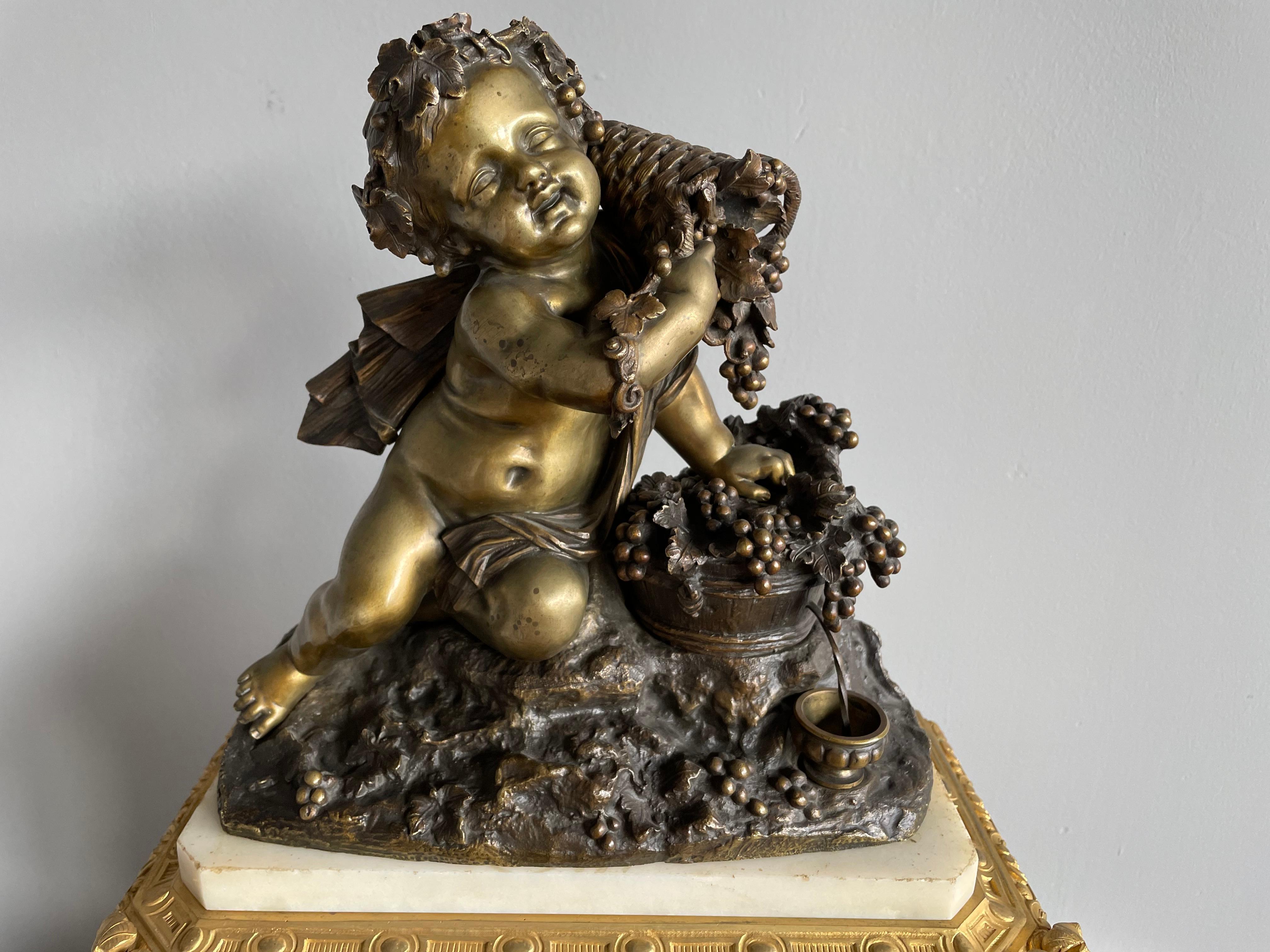 Gilt Bronze & Marble Belle Époque Mantel Clock w. Infant Bacchus Sculpture 1870s 12