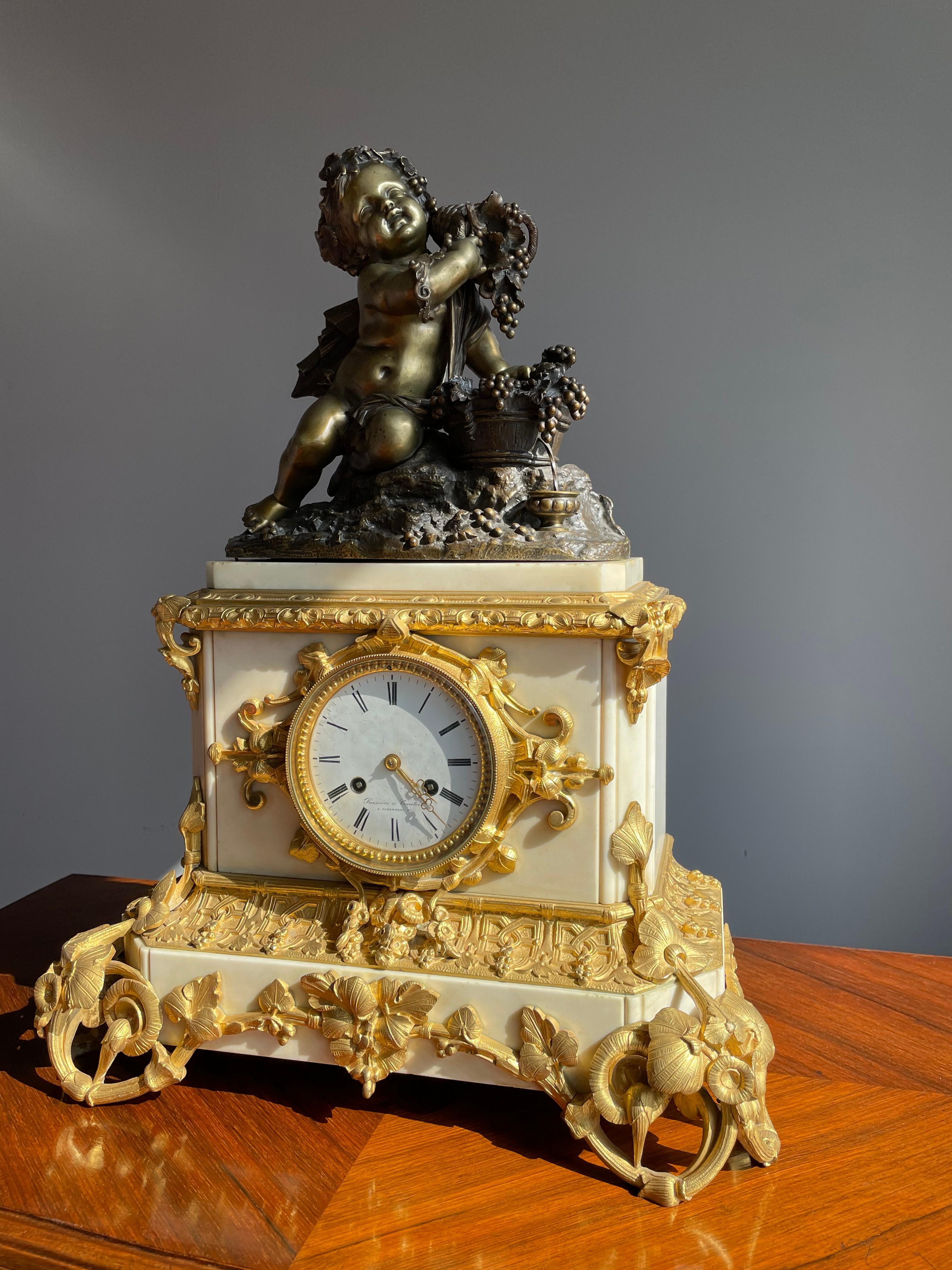 Gilt Bronze & Marble Belle Époque Mantel Clock w. Infant Bacchus Sculpture 1870s 13